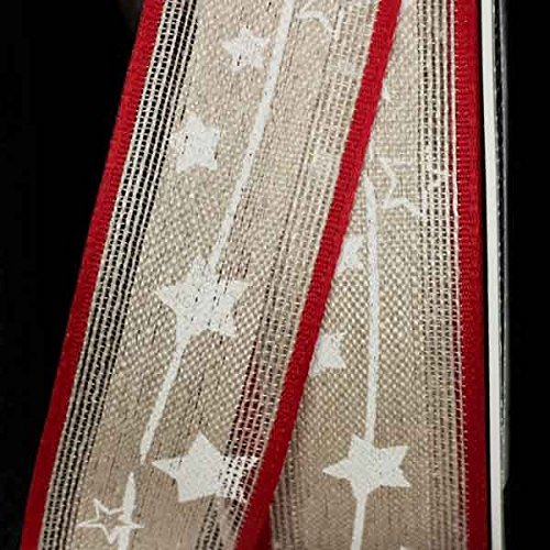 Christmas Craft Ribbon - Red & White Star Print Linen Wired Ribbon 1.25