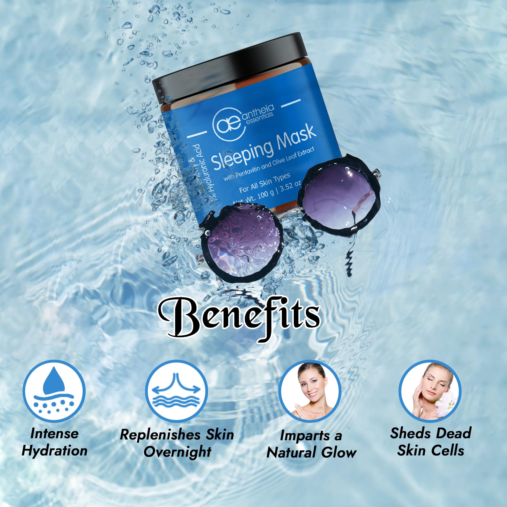 Antheia Essentials Blueberry Sleeping Face Mask with Collagen Booster - Overnight Hydration for Glowing Skin | Cell Regeneration & Antioxidant-Rich Formula for Men & Women | 100g | Perfect for Nighttime Skincare Routine & Post-Travel Skin Recovery