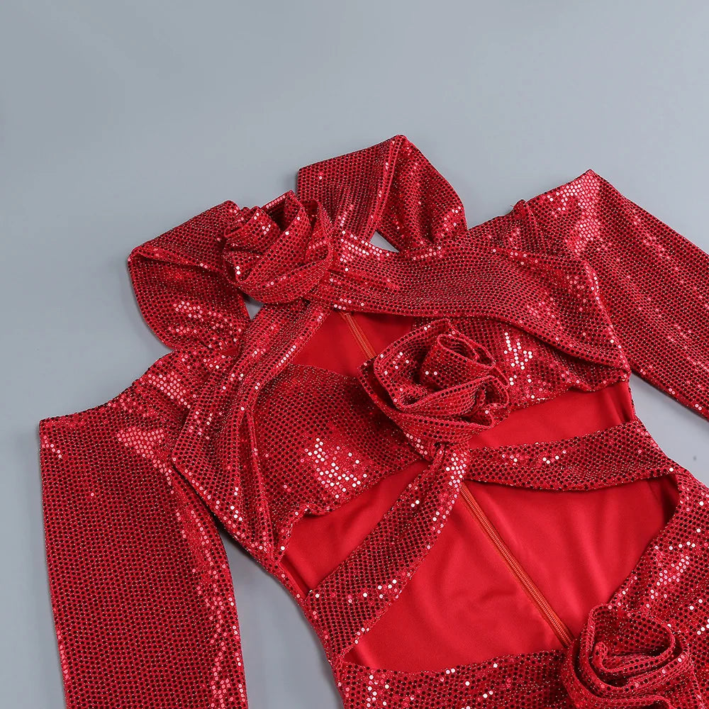 2024 New Autumn Red Sequin Long Sleeve Sexy Halter Bodycon Mermaid Dress for Women - Wedding, Party & Special Occasions
