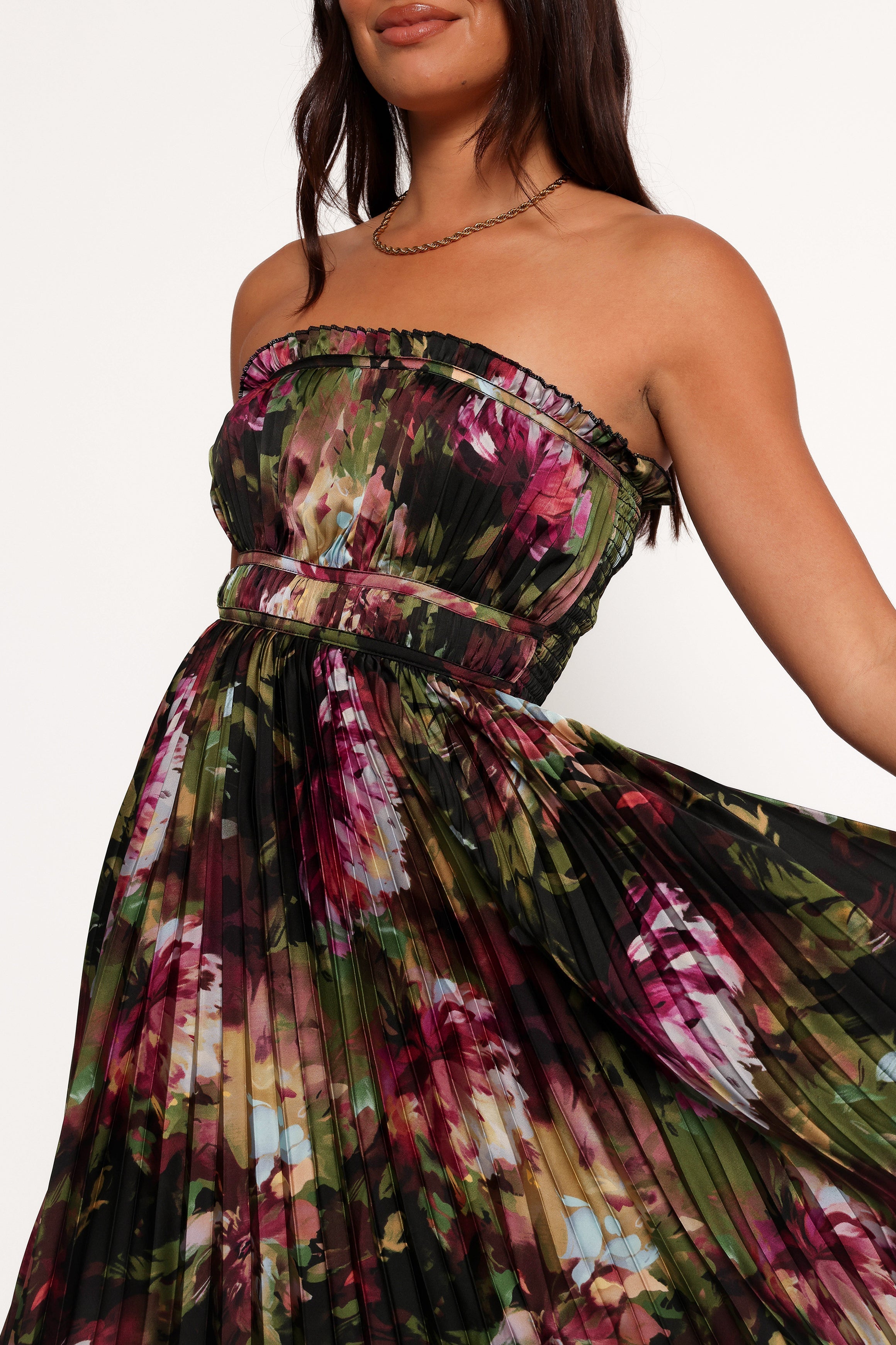 Angelique Strapless Maxi Dress - Grey Blurred Floral Print Long Evening Gown for Women | Perfect for Weddings, Parties & Special Occasions
