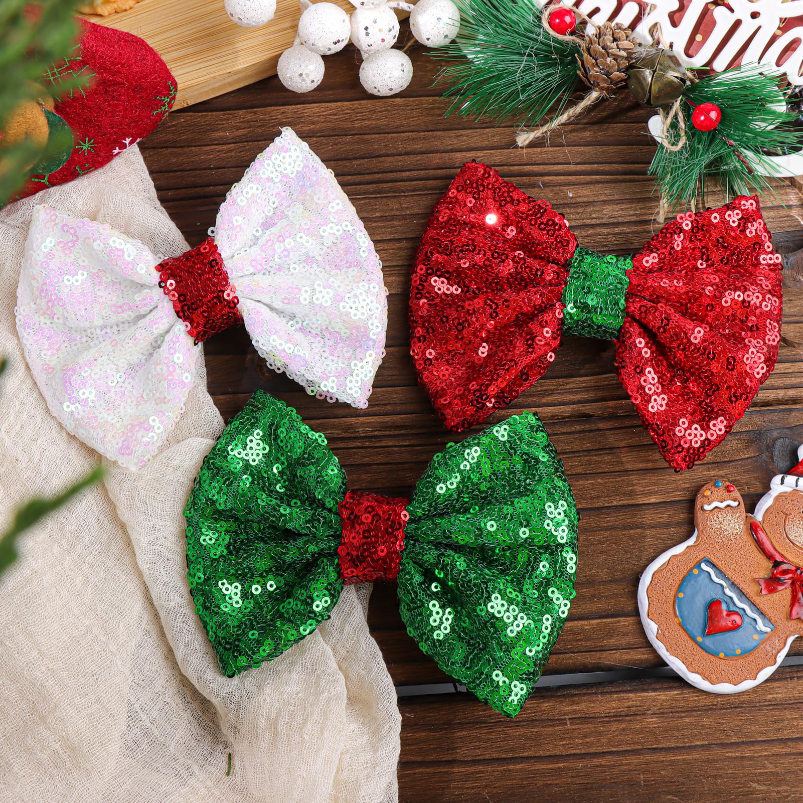 Festive Sequins Hair Bows for Christmas - Red, White, Green Alligator Clips for Girls & Women | Holiday Party Accessories