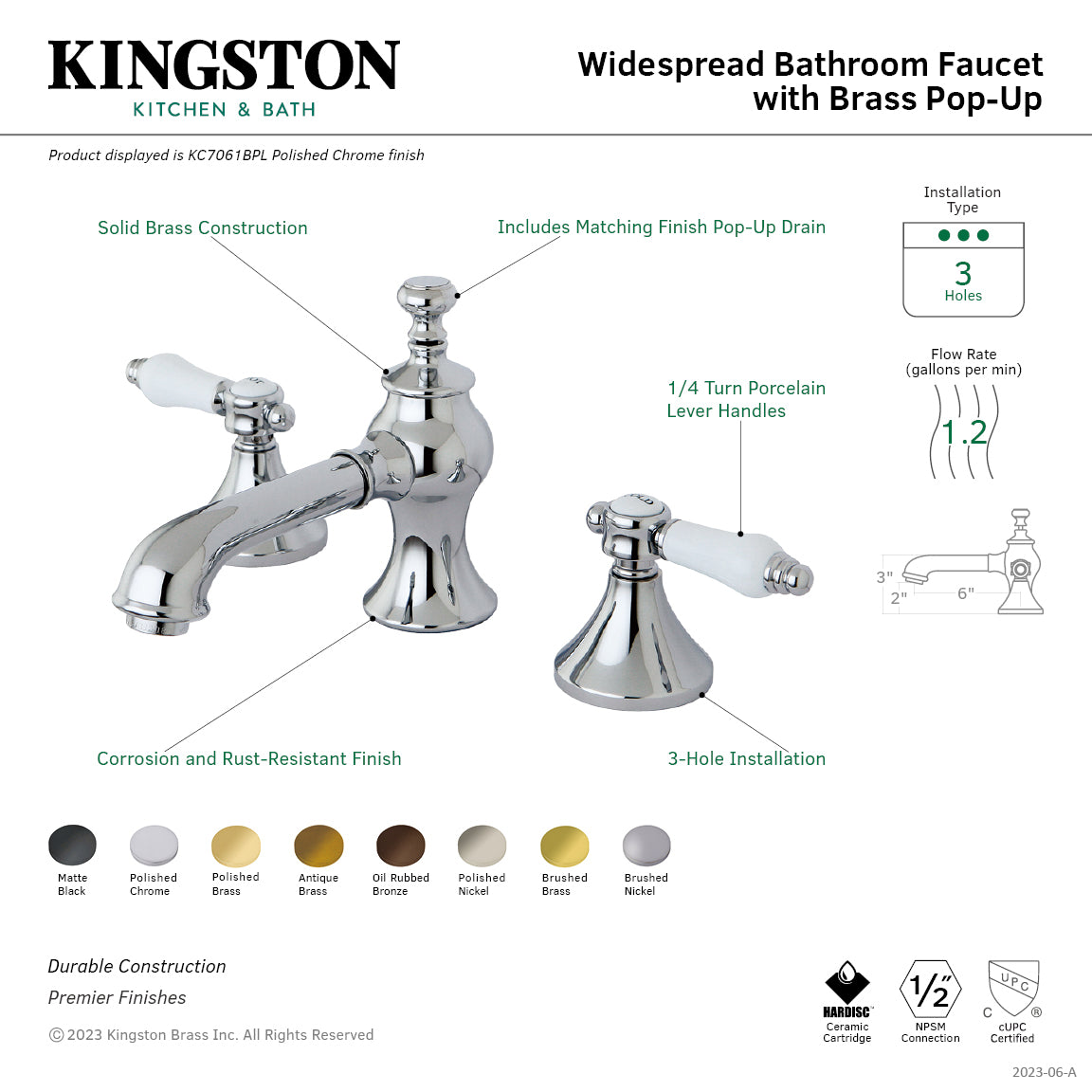 Bel Air KC7067BPL Brushed Brass Widespread Bathroom Faucet - 2-Handle 3-Hole Deck Mount with Pop-Up Drain - Perfect for Modern Bathroom Renovations & Luxury Home Upgrades