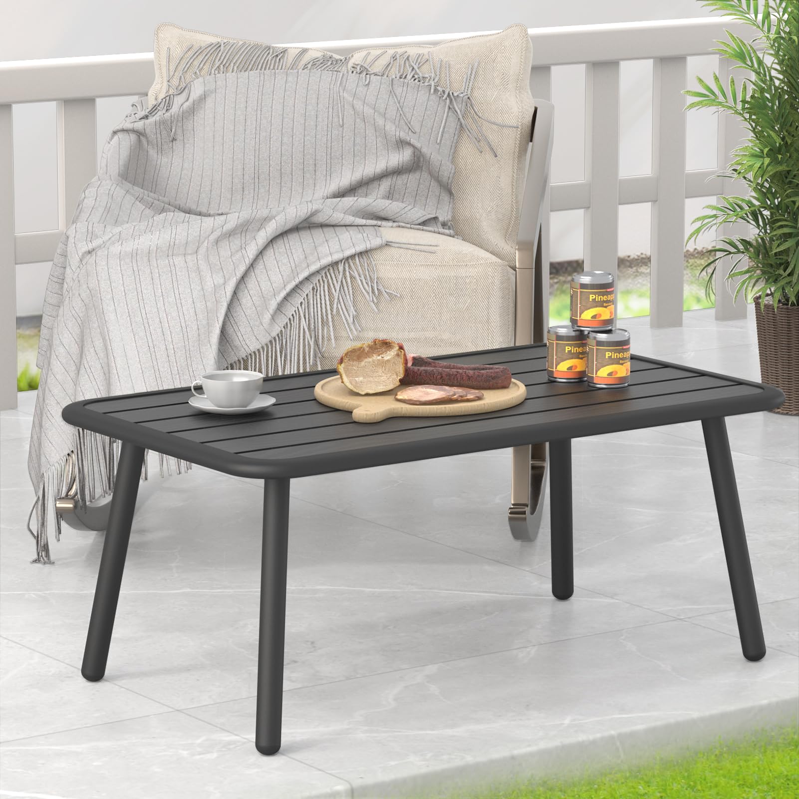 C-Hopetree Small Rectangle Metal Outdoor Side Coffee Table for Patio, Garden, or Poolside - Black Slat Top - Perfect for Relaxing with Drinks & Snacks Outdoors