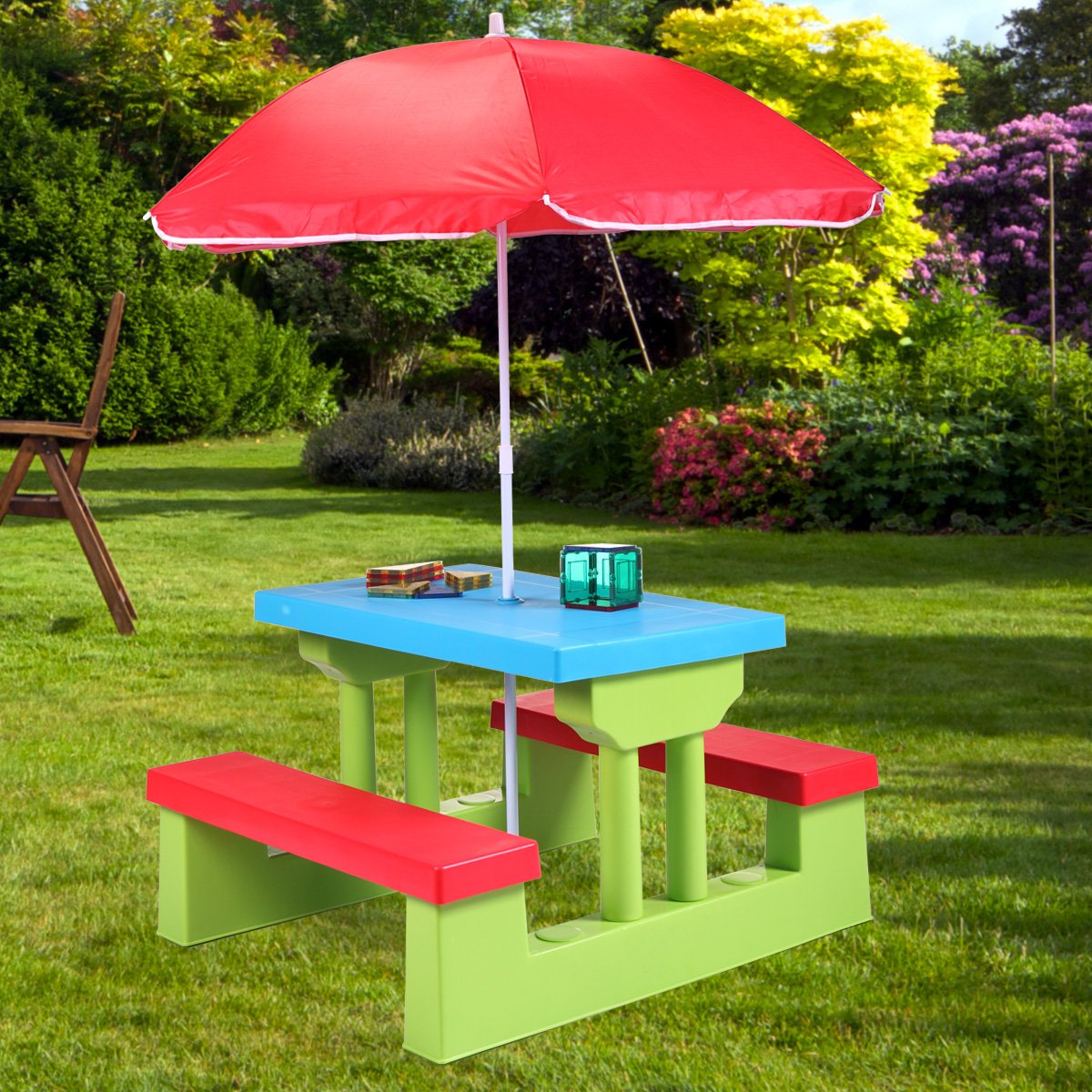 Colorful Kids Folding Picnic Table Set with Umbrella - Outdoor Children's Play Furniture for Backyard, Park & Beach Activities