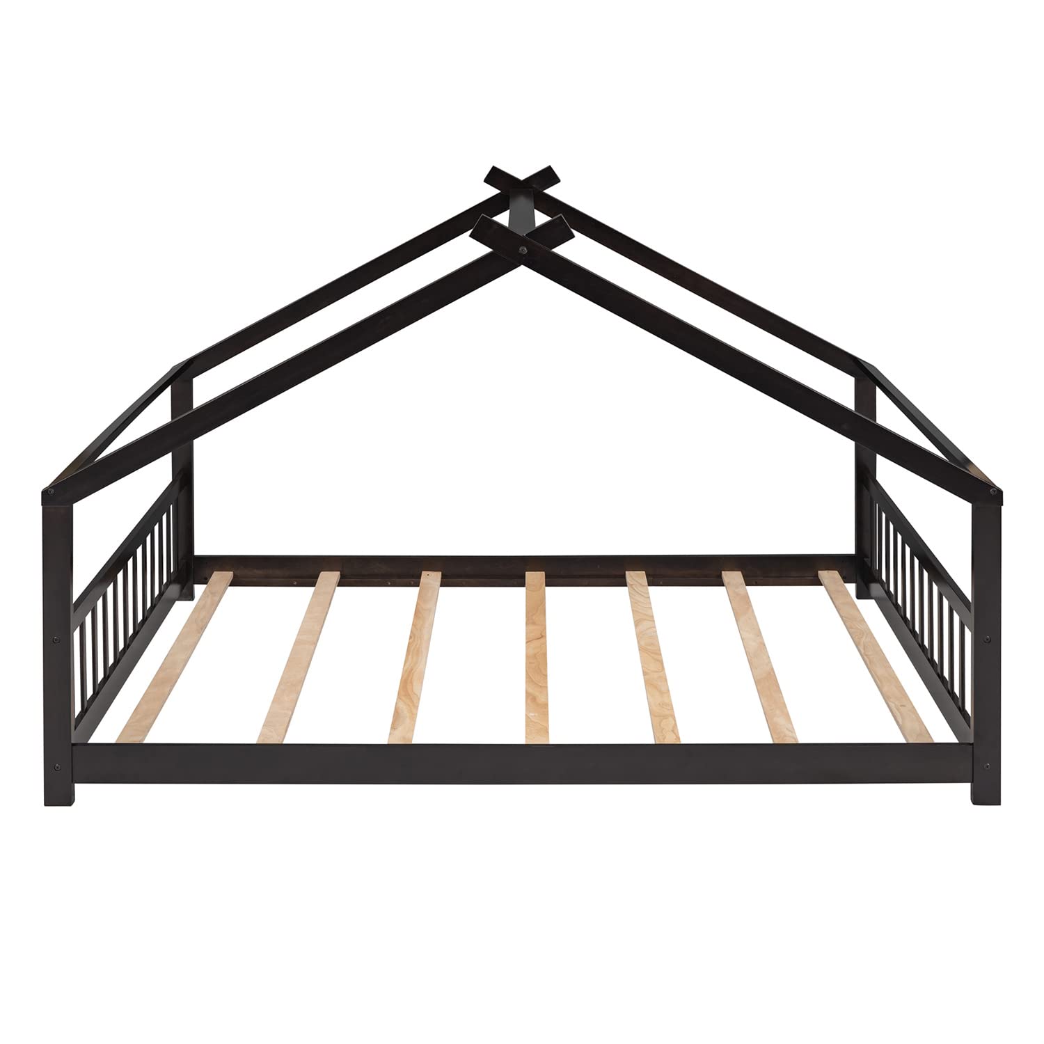 **Solid Wood Full Size House Bed Frame with Roof & Headboard - Low Platform Bed for Kids, Teens & Adults - No Box Spring Needed - Espresso Finish - Perfect for Nursery, Bedroom & Playroom Decor**