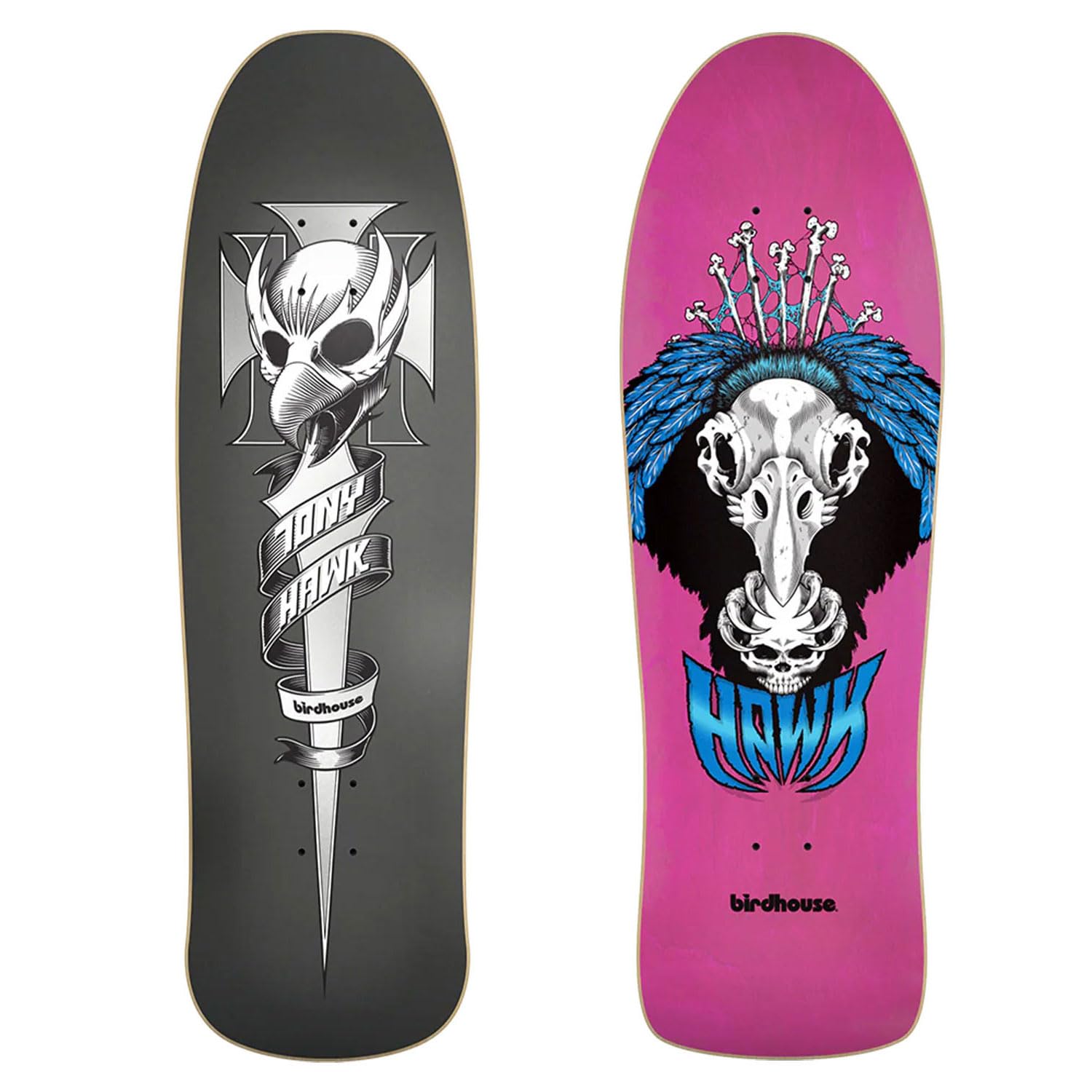 Tony Hawk Old School Skateboard Deck 2-Pack - Crest & Vulture Design, Grey - Perfect for Street Skating, Skate Park & Collector's Display