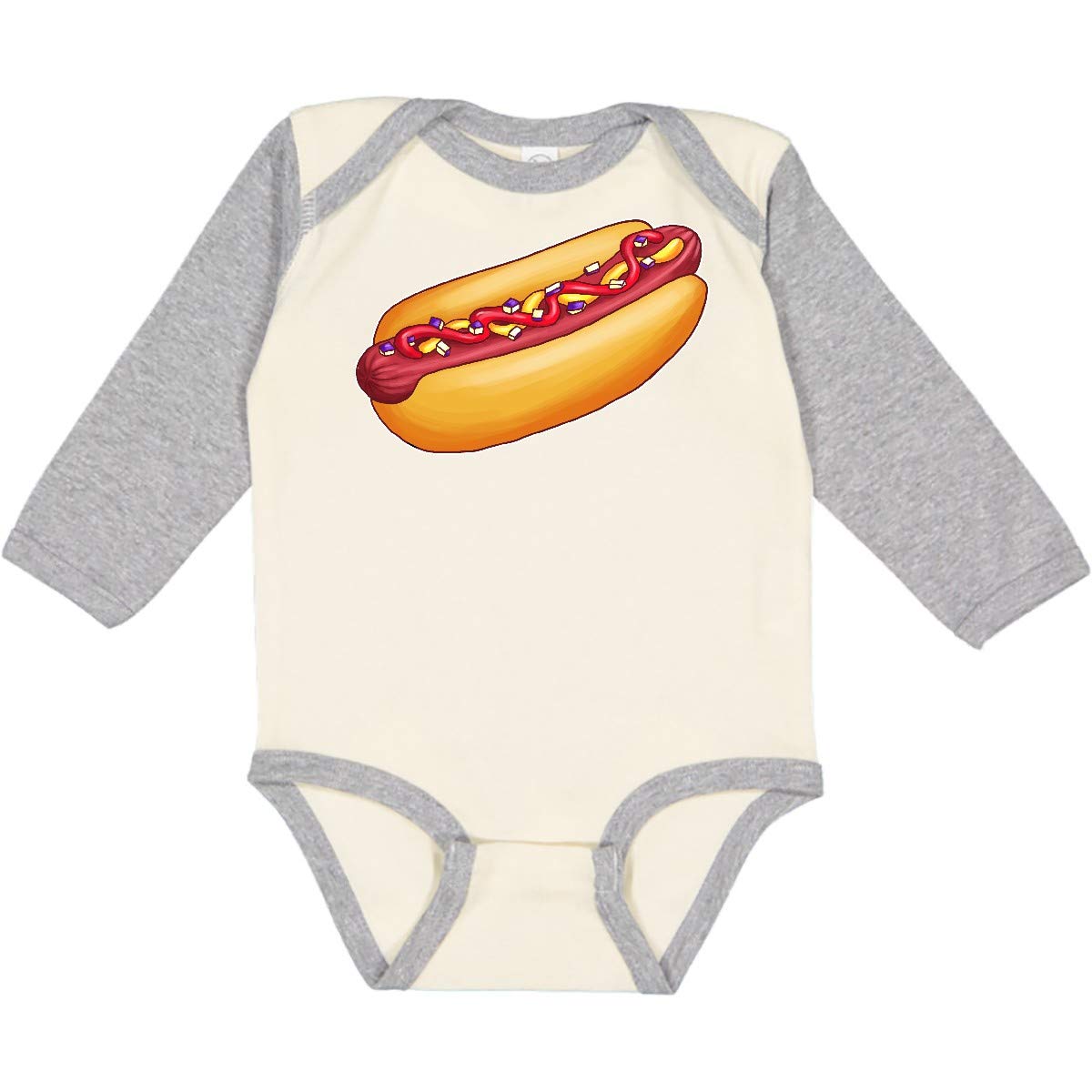 Inktastic Hot Dog Graphic T-Shirt - Long Sleeve Creeper with Mustard & Onions Design - Perfect for BBQ Parties, Casual Wear & Food Lover Gifts