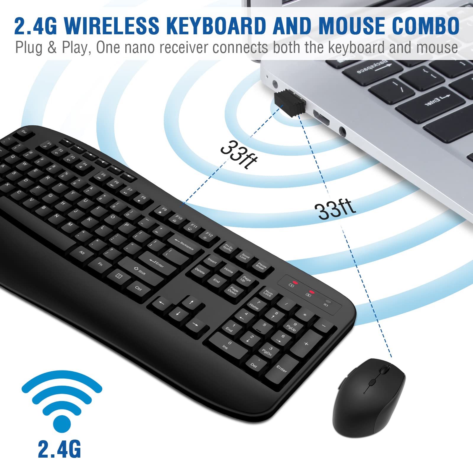 EDJO 2.4G Wireless Keyboard and Mouse Combo - Full-Sized Ergonomic Keyboard with Palm Rest & Optical Wireless Mouse for Windows/Mac - Perfect for Office, Home & Gaming Use on PC, Laptop & Desktop Computers