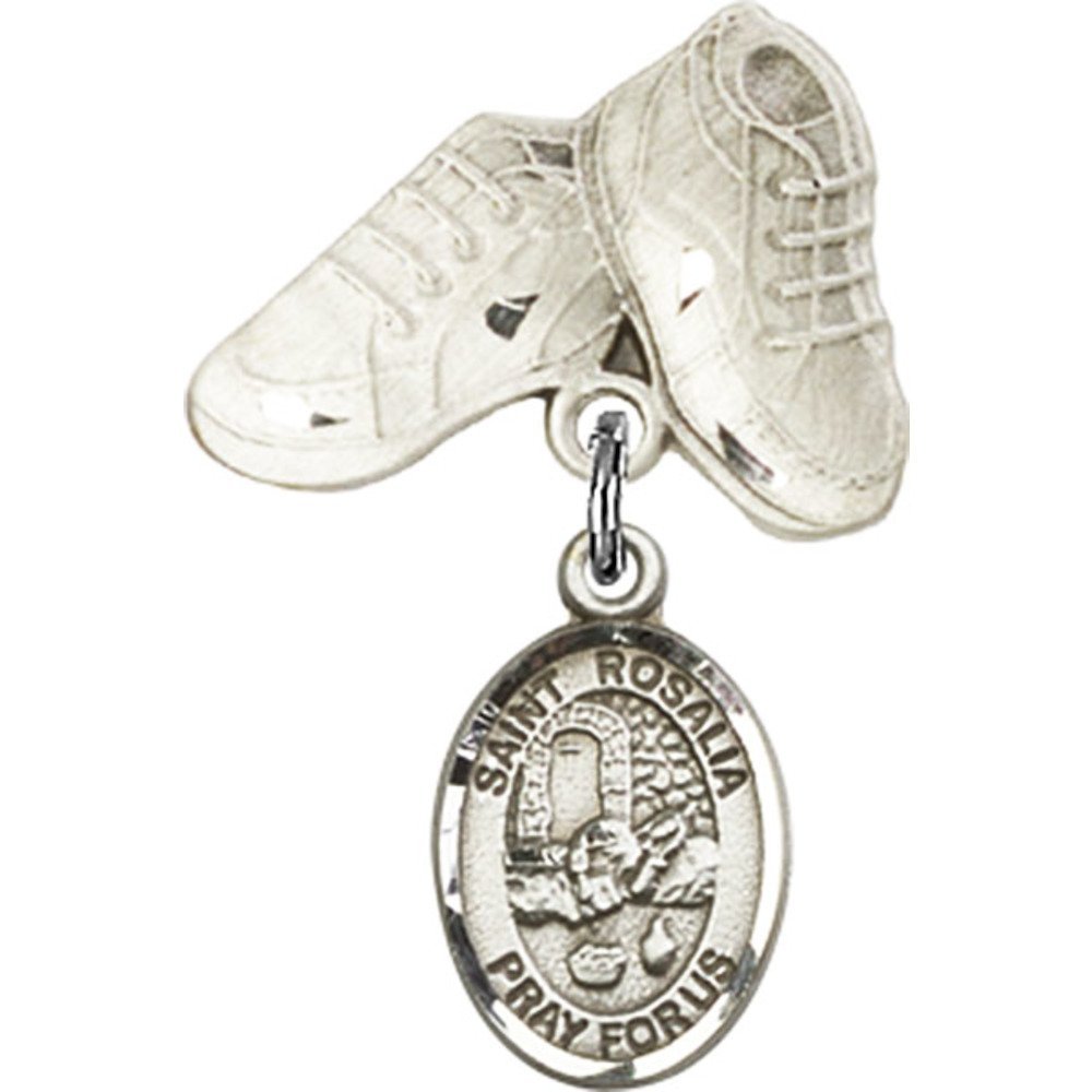 Sterling Silver Baby Badge with St. Rosalia Charm & Baby Boots Pin - 1 X 5/8 Inch Religious Jewelry for Christening, Baptism & Newborn Gifts - Perfect for Baby Showers & First Communion