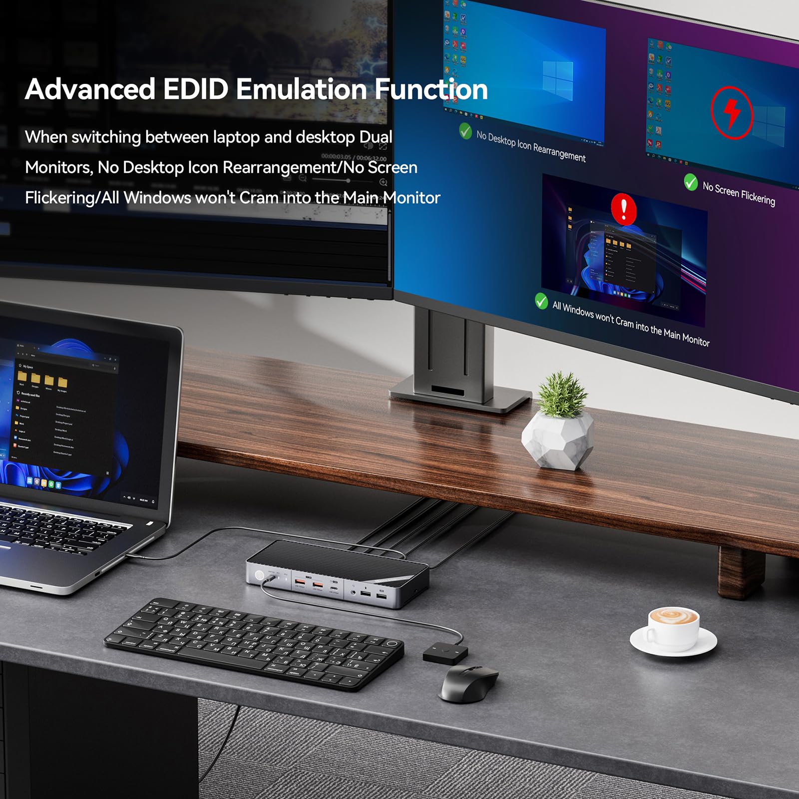 Minisopuru Dual Monitor KVM Switch Docking Station for Laptop & Desktop - 4K@60Hz HDMI, 15W Charging, EDID, 5 USB Ports (A & C), Audio Support | Compatible with Thunderbolt 5/4/3 & USB-C Windows Laptops (Not MacBook) | Perfect for Home Office, Gaming & Multi-Tasking Workstations