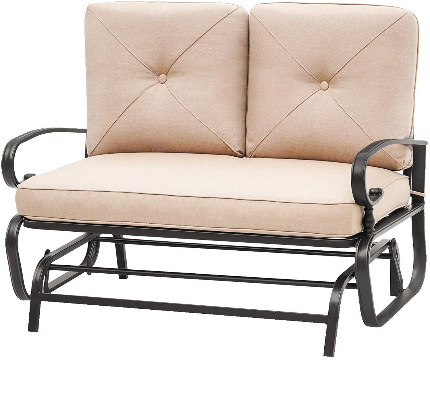Crownland Outdoor Patio Glider Chair - Wrought Iron Look Porch Loveseat with Cushion, Weather-Resistant Rocking Bench for Garden, Deck, and Backyard (Brown) - Perfect for Relaxing on Your Porch or Outdoor Space