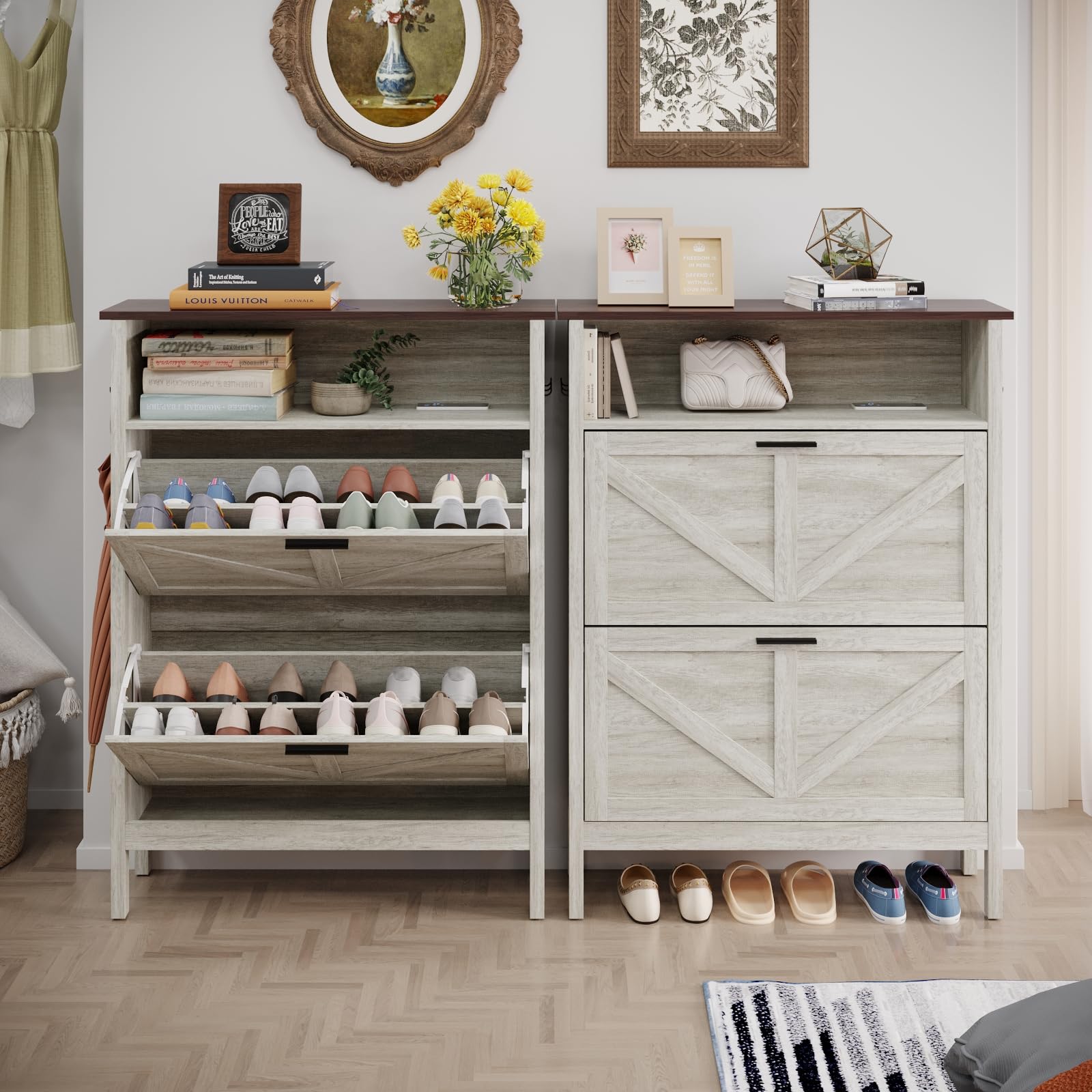 Shoe Storage Cabinet with 2 Flip Drawers - Automatic Deodorizing Shoe Organizer - Freestanding Beige Oak Shoe Rack for Entryway, Closet & Bedroom Organization