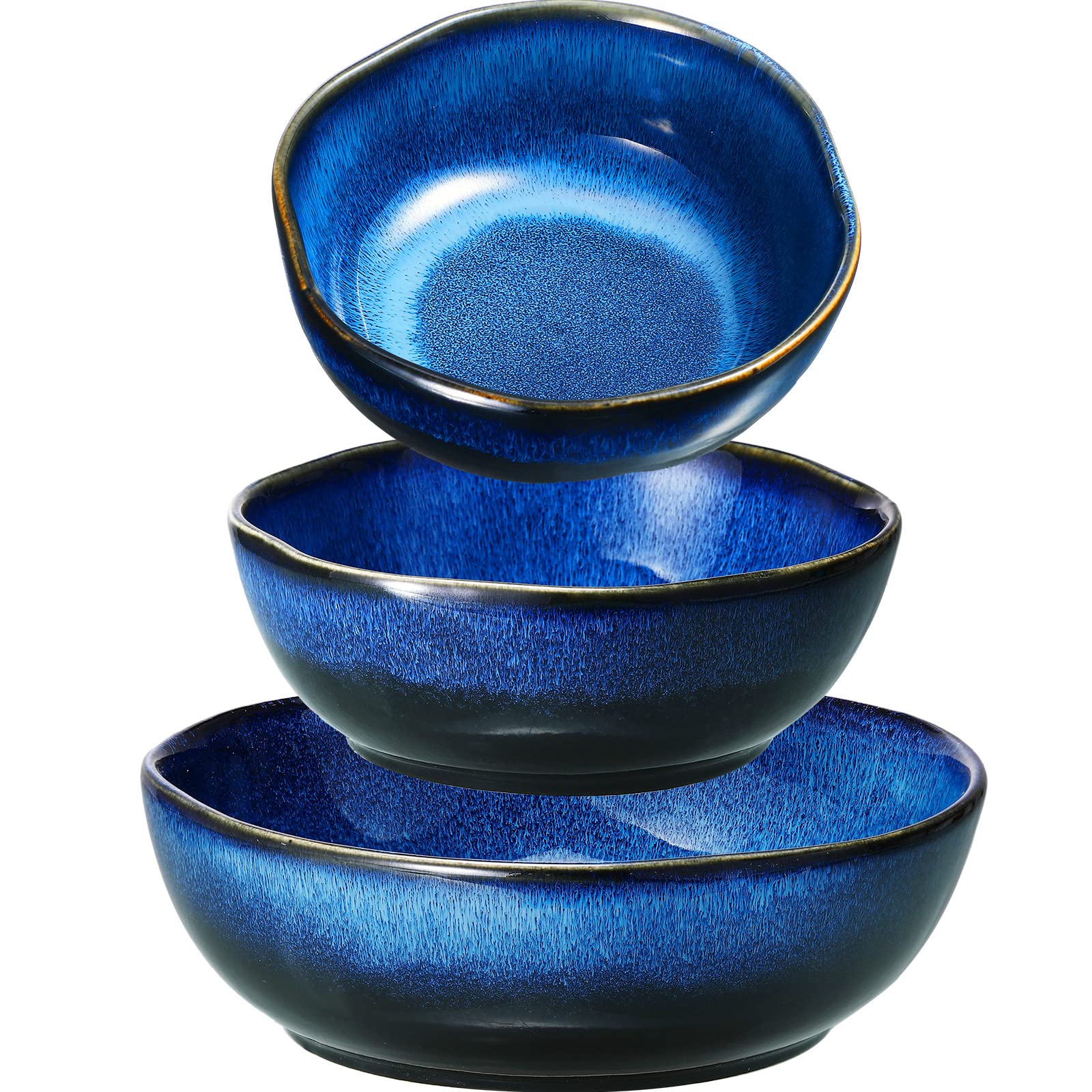3-Piece Ceramic Salad Bowls Set - Blue Mixing & Serving Bowls for Ramen, Soup, Pasta & Noodles - Microwave & Dishwasher Safe Porcelain Bowls (13oz, 27oz, 47oz) - Perfect for Home Dining, Meal Prep & Nesting Storage