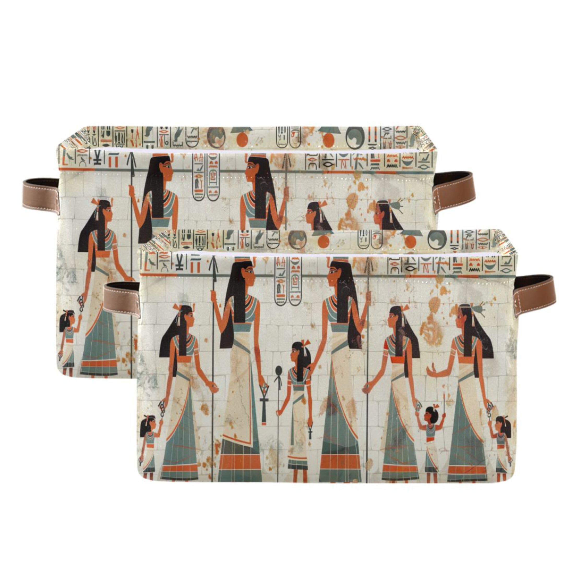 Kigai Collapsible Rectangle Storage Basket Organizer with Leather Handle - Ancient Egyptian Style Woven Bin for Closet, Office, Nursery & Home Decor | Perfect for Organizing Clothes, Toys, Books & Household Items