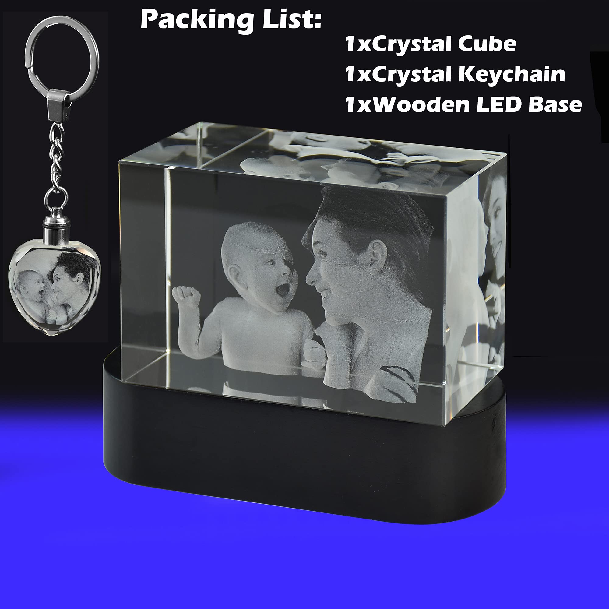 Custom 3D Crystal Photo Cube with Black Wooden Base & Warm White LED Lights - Personalized Gift Set with Free Keychain - Perfect for Anniversaries, Weddings, and Home Decor