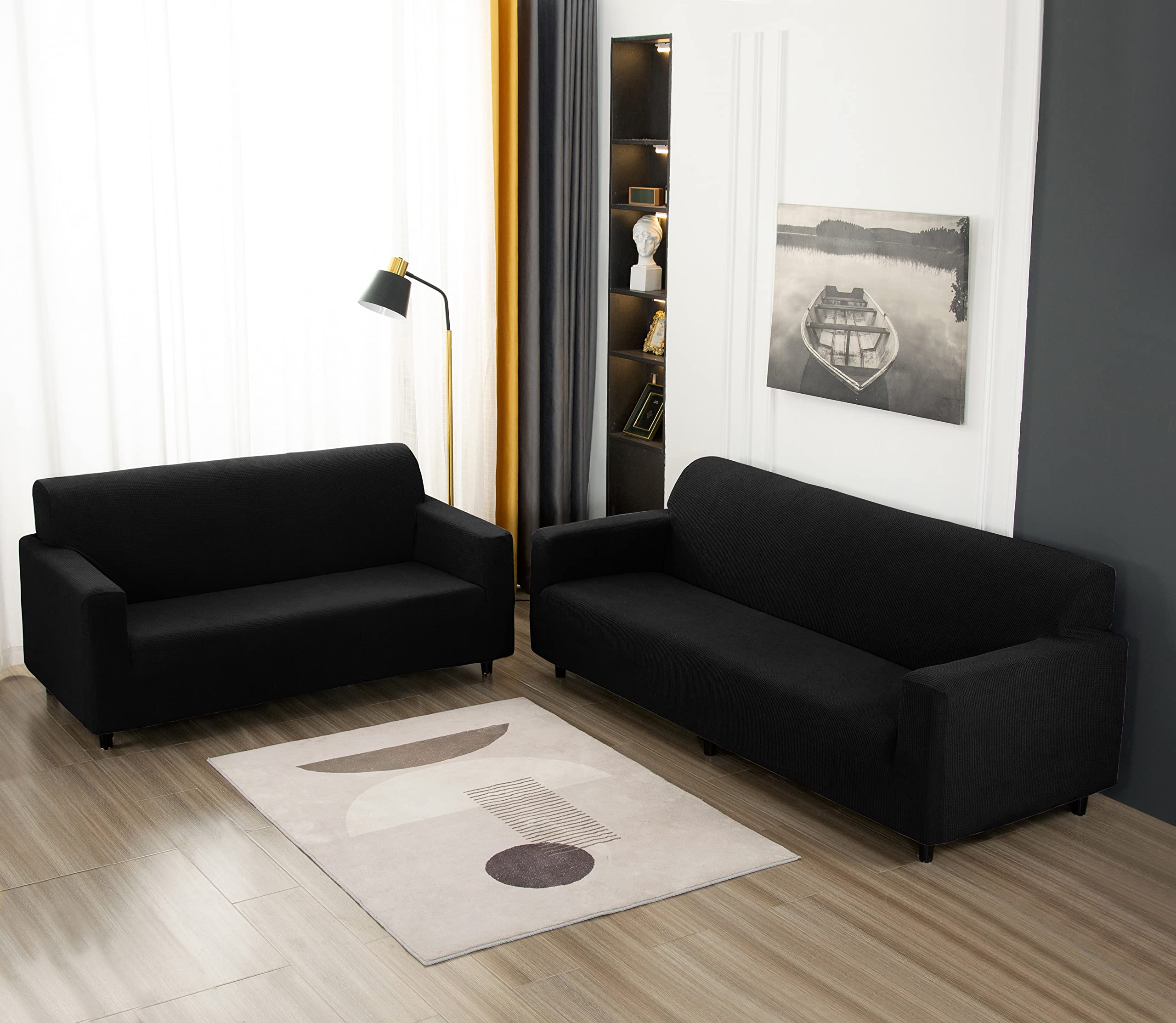 3-Piece Sofa Cover Set for Couch, Loveseat & Armchair - Stretchable Jacquard Velvet Slipcovers Fits 1/2/3 Seater Furniture (Black) - Perfect for Living Room, Bedroom & Home Decor Protection