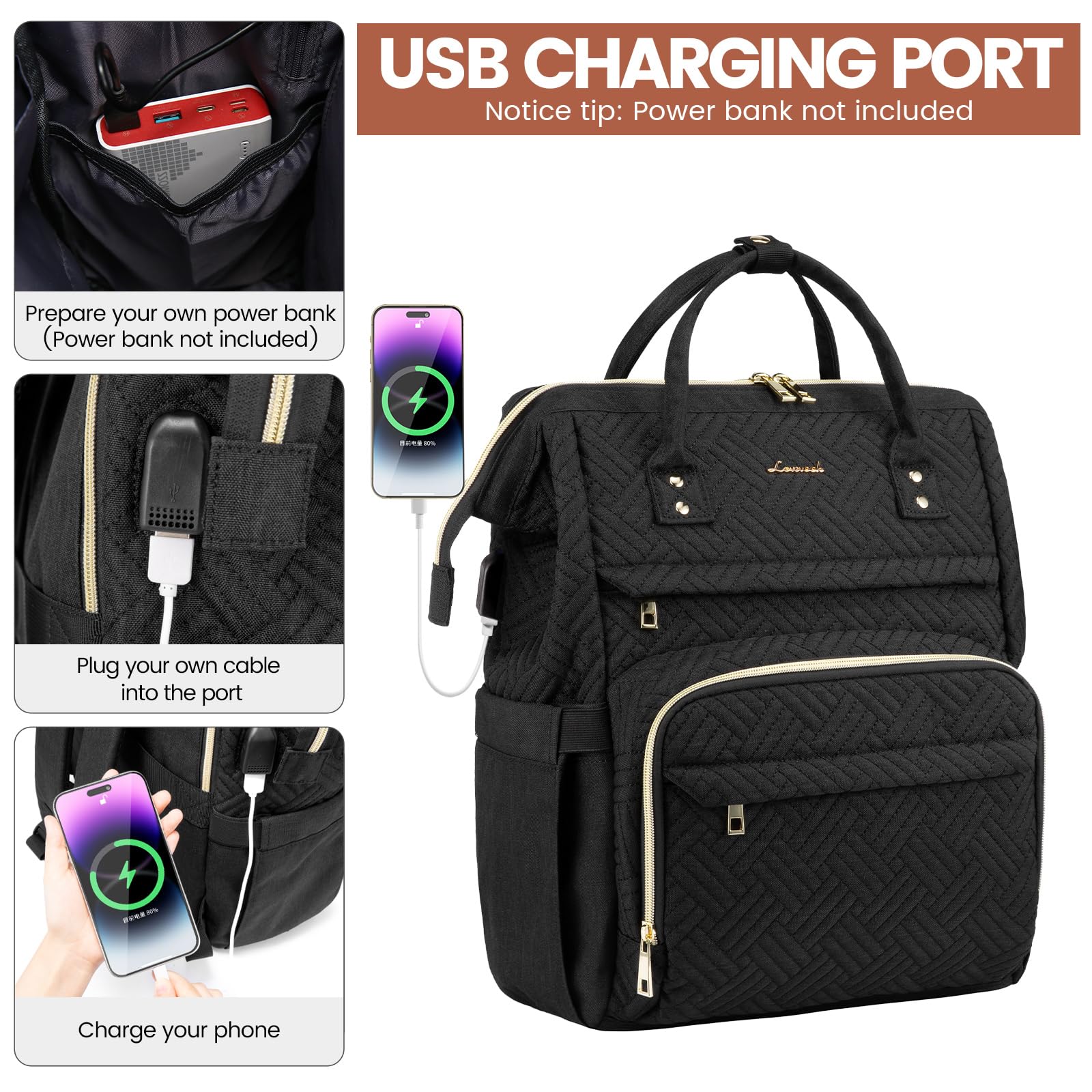LOVEVOOK 15.6 Inch Laptop Backpack for Women - Waterproof USB Charging Travel Backpack, Professional Work Bag for Nurse, Teacher & Business - Stylish Black Plait Design for Commuting, College & Daily Use
