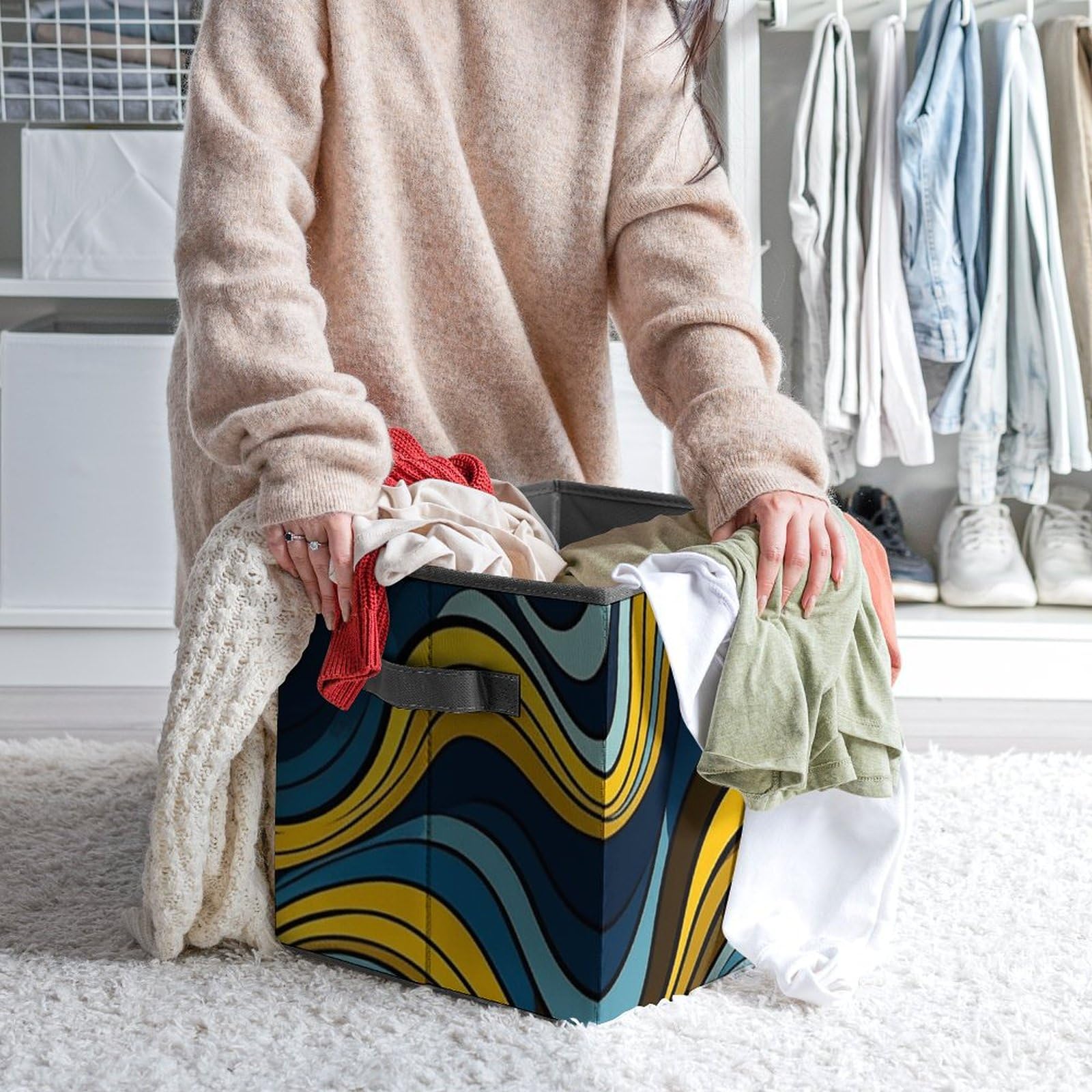 Wave Pattern Foldable Storage Cubes with Handles - Closet Organizer Bins for Cabinet, Shelf & Wardrobe Organization | Perfect for Bedroom, Kids Room & Office Storage