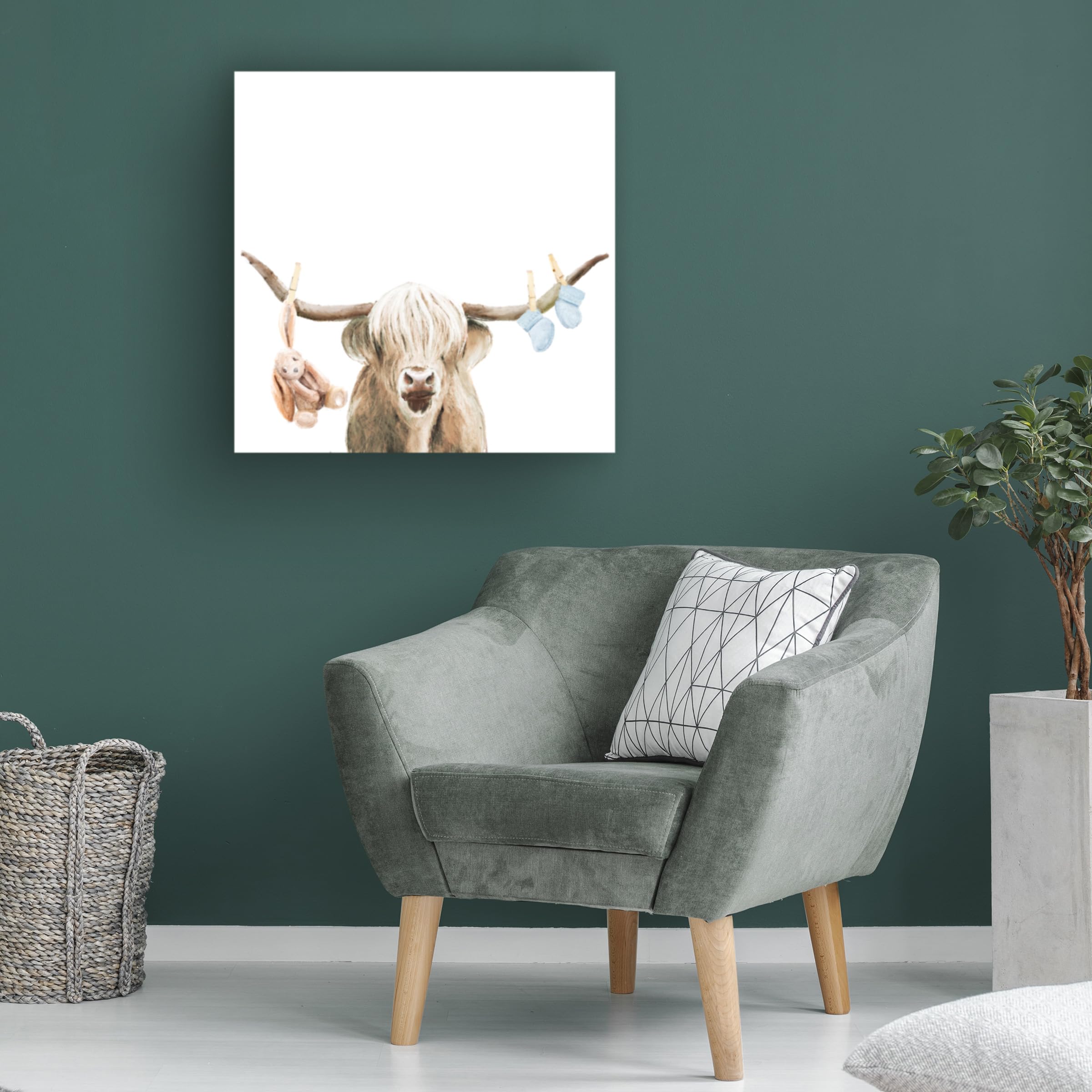 Highland Cow Baby Boy Canvas Art Print by Ali Lynne - Cute Nursery Wall Decor for Boys Room, Farmhouse Kids Bedroom & Scottish Themed Nursery