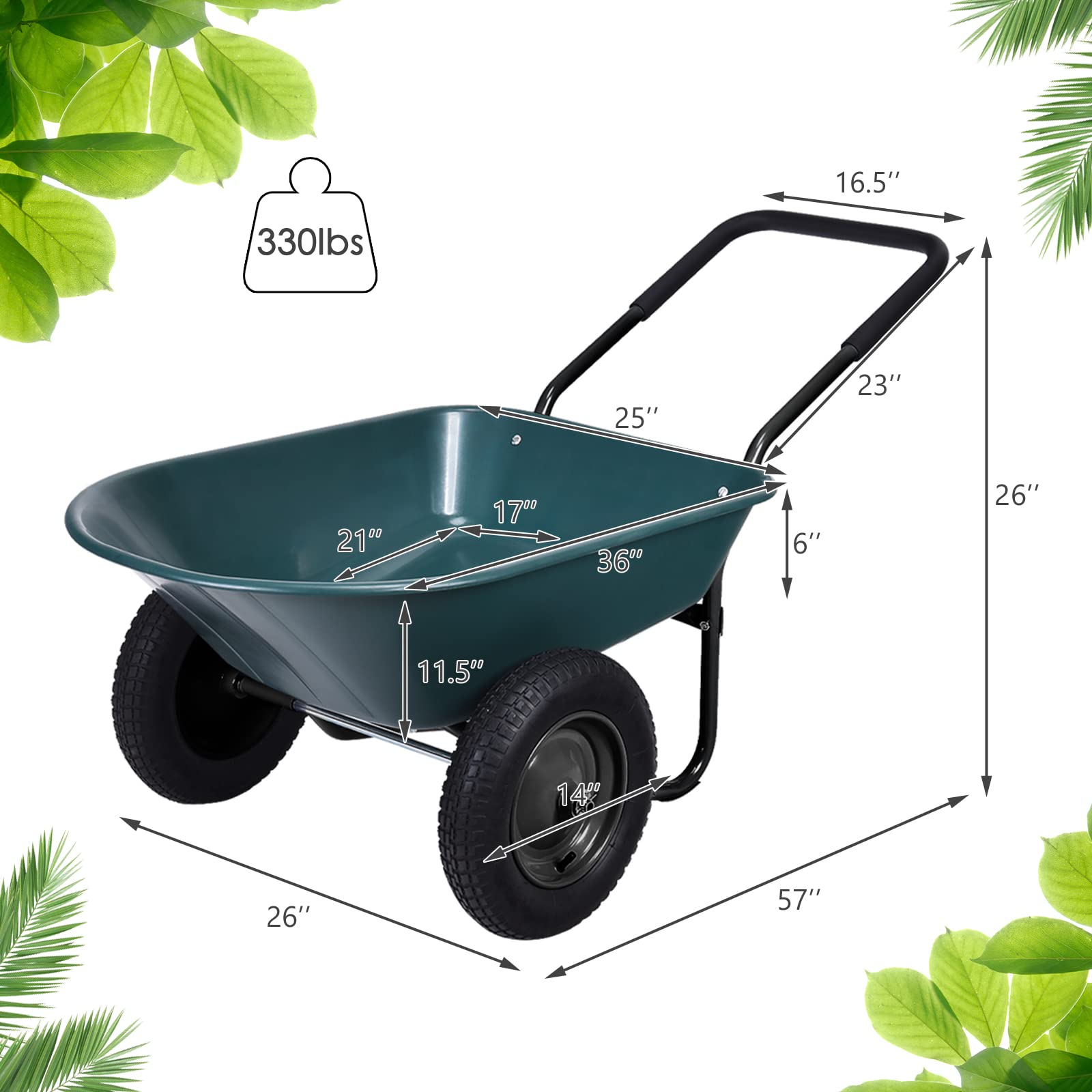 Heavy Duty Dual Wheel Wheelbarrow - 330 LBS Capacity with All-Terrain Pneumatic Tires | Utility Garden Cart for Gardening, Planting, Yard Work & Construction Sites | Perfect for Home Improvement, Landscaping & Outdoor Projects (Green)