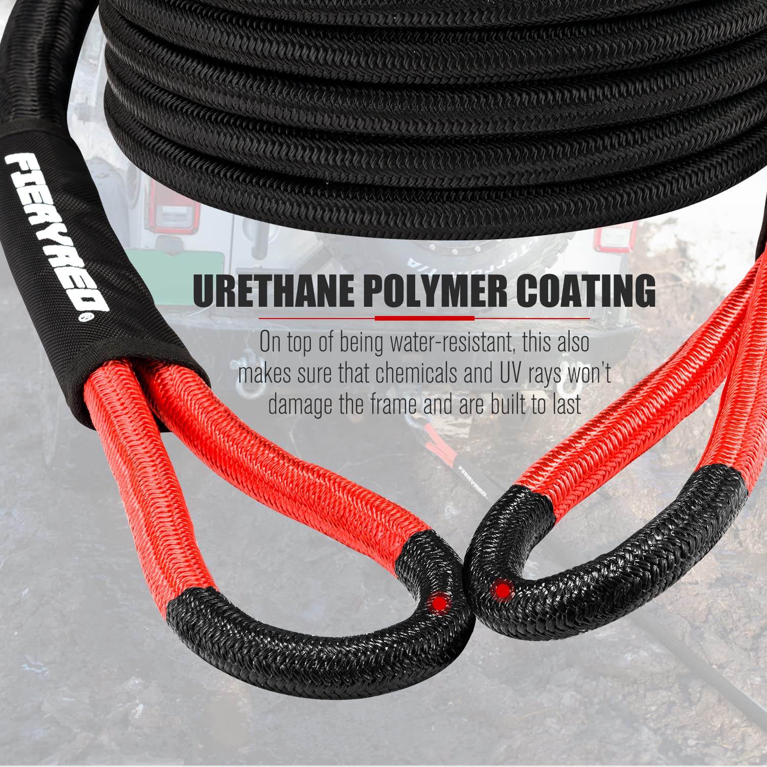 FieryRed 30FT 7/8 Inch Kinetic Energy Recovery Rope - Heavy Duty Snatch Strap with Reinforced Loops & Protective Sleeve for Off-Road Recovery | Ideal for 4x4, ATV, UTV, Pickup Trucks & Emergency Towing | Includes Durable Tote Bag for Storage & Transport