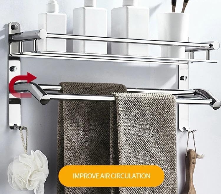 Stainless Steel Bathroom Shelf with Towel Bar & Hooks - Wall Mount Organizer for Kitchen & Bathroom Storage - Perfect for Towels, Toiletries & Accessories - Silver