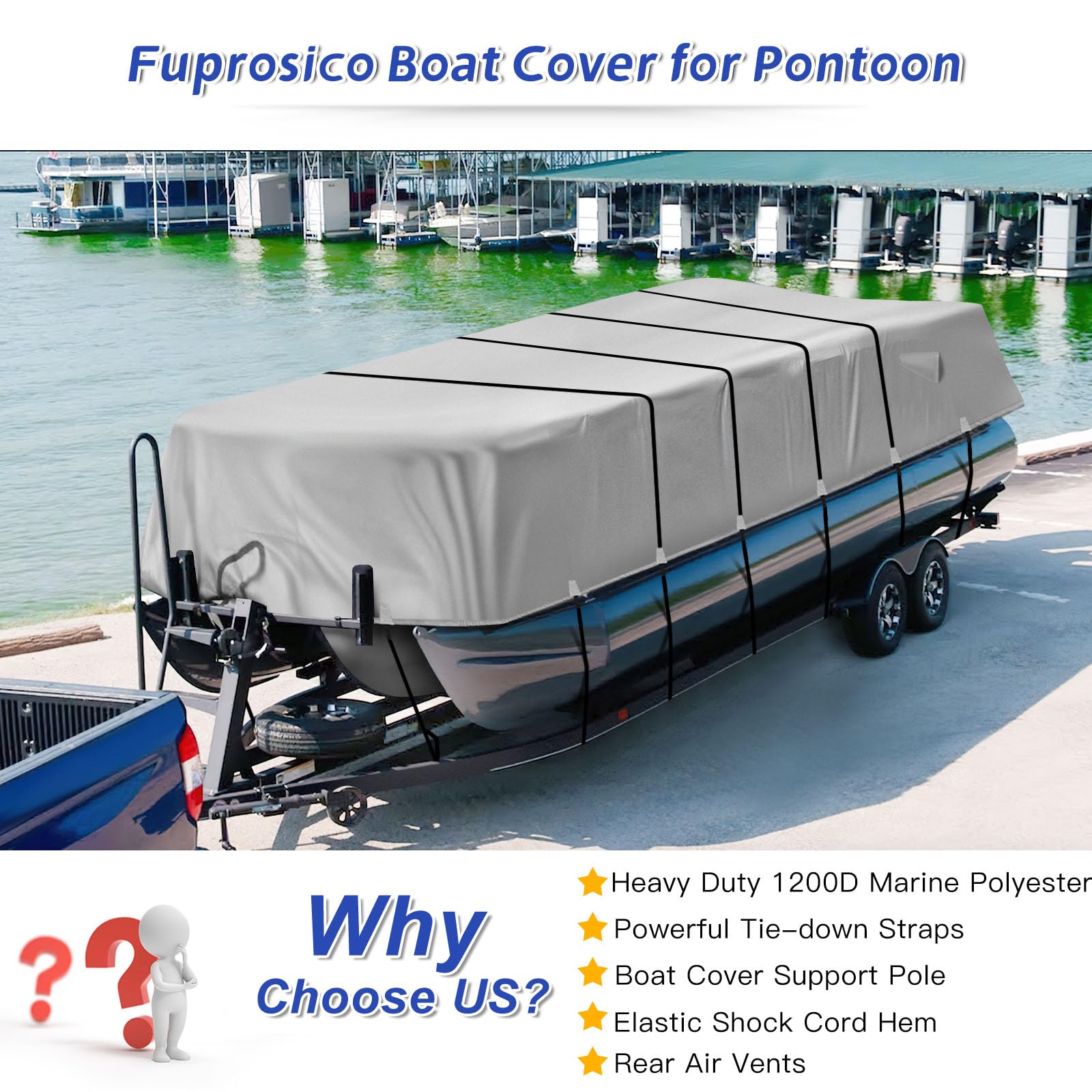 Heavy Duty 1200D Waterproof Pontoon Boat Cover with Poles & Motor Cover - Grey, Fits 17-20ft Boats - Ideal for Outdoor Storage & Marine Protection