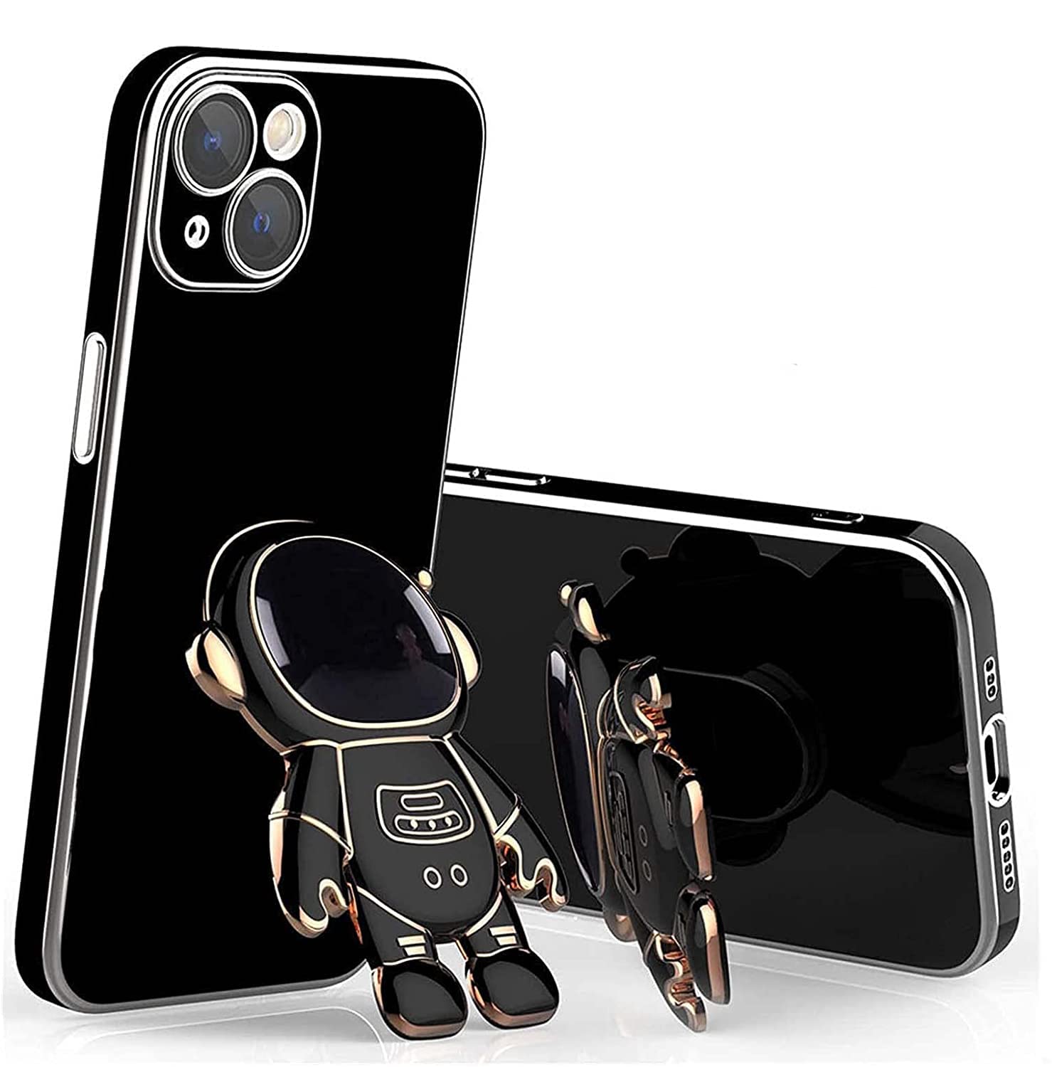 6D Plating Astronaut Hidden Stand Phone Case for iPhone 13 - Shockproof Protective Cover with Lens Film & Kickstand | Perfect for Travel, Work & Everyday Use (Black)