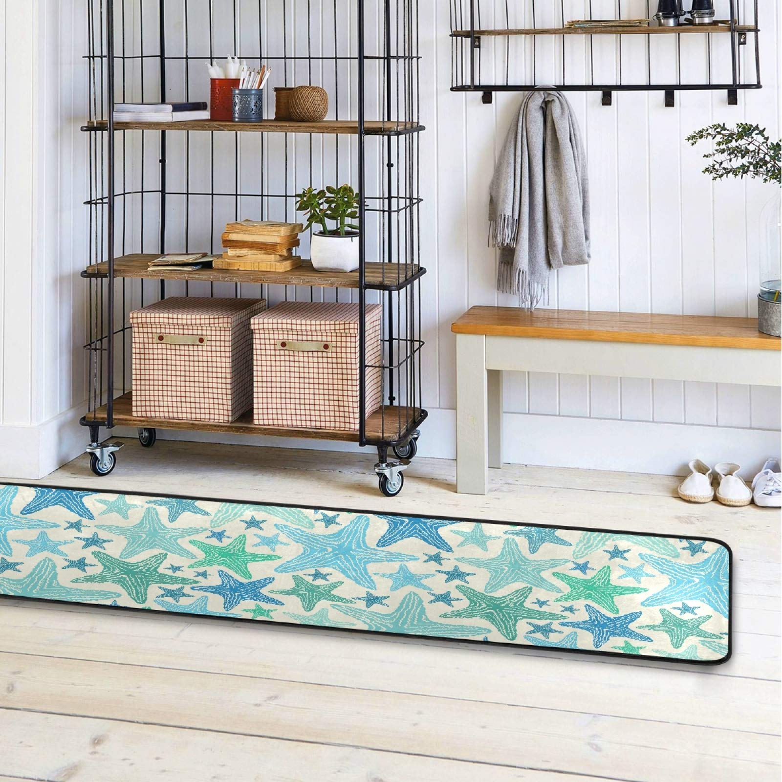 Non-Slip Blue Green Starfish Runner Rug 2x6 FT - Soft Indoor Hallway Carpet, Kitchen Floor Mat, Bathroom Doormat, Bedroom Entry Rug for Home Decor | Perfect for Coastal Theme Living Rooms, Beach House Entryways & Boho Chic Spaces