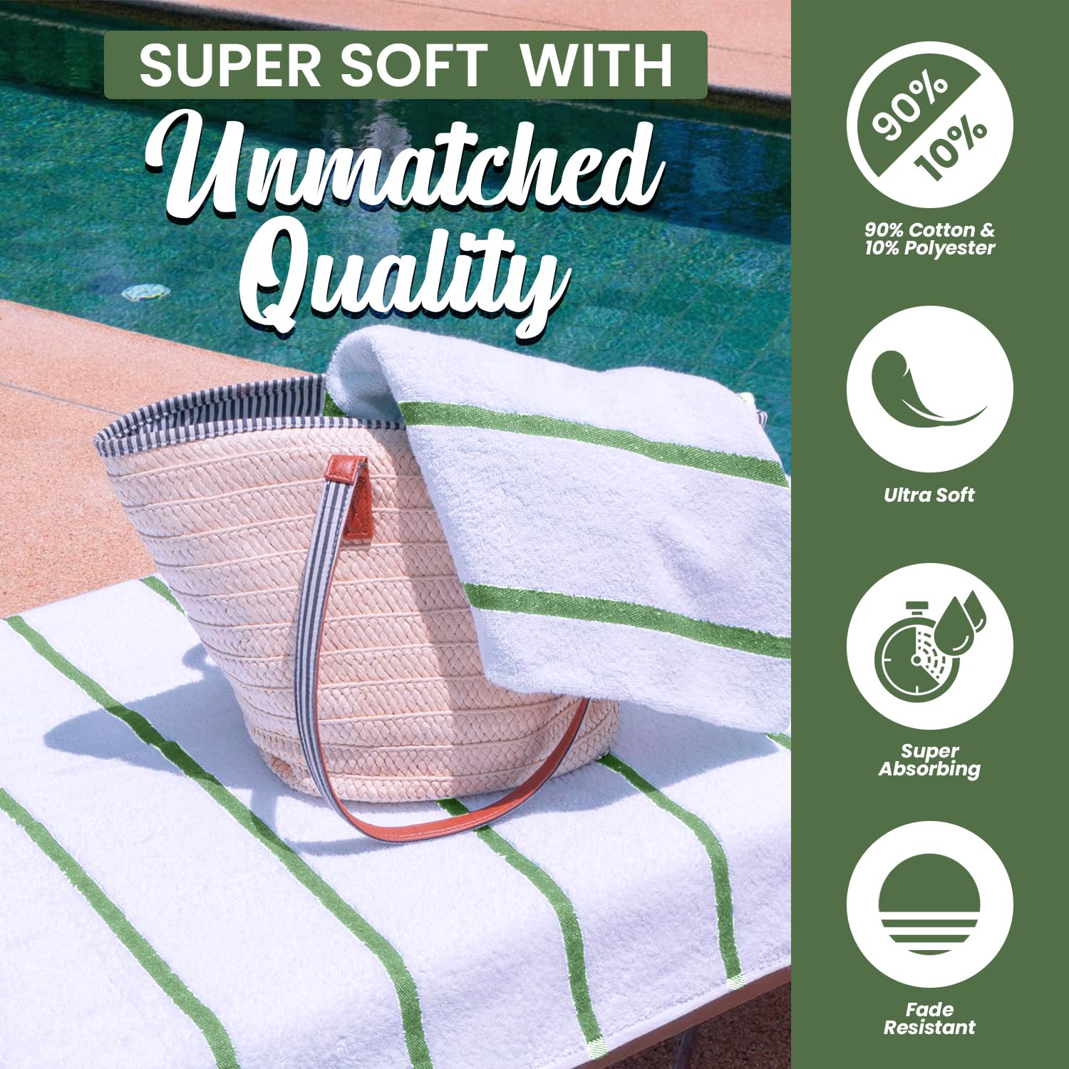 Belem Mint Green Horizontal Stripe Oversized Pool Towels - 36x68 Inch Bulk Pack of 24 - Super Absorbent Quick-Dry Beach & Bath Towels for Spa, Hotel, Poolside - Soft Durable Cotton Towel Set for Summer Vacation, Beach Trips & Luxury Bathing