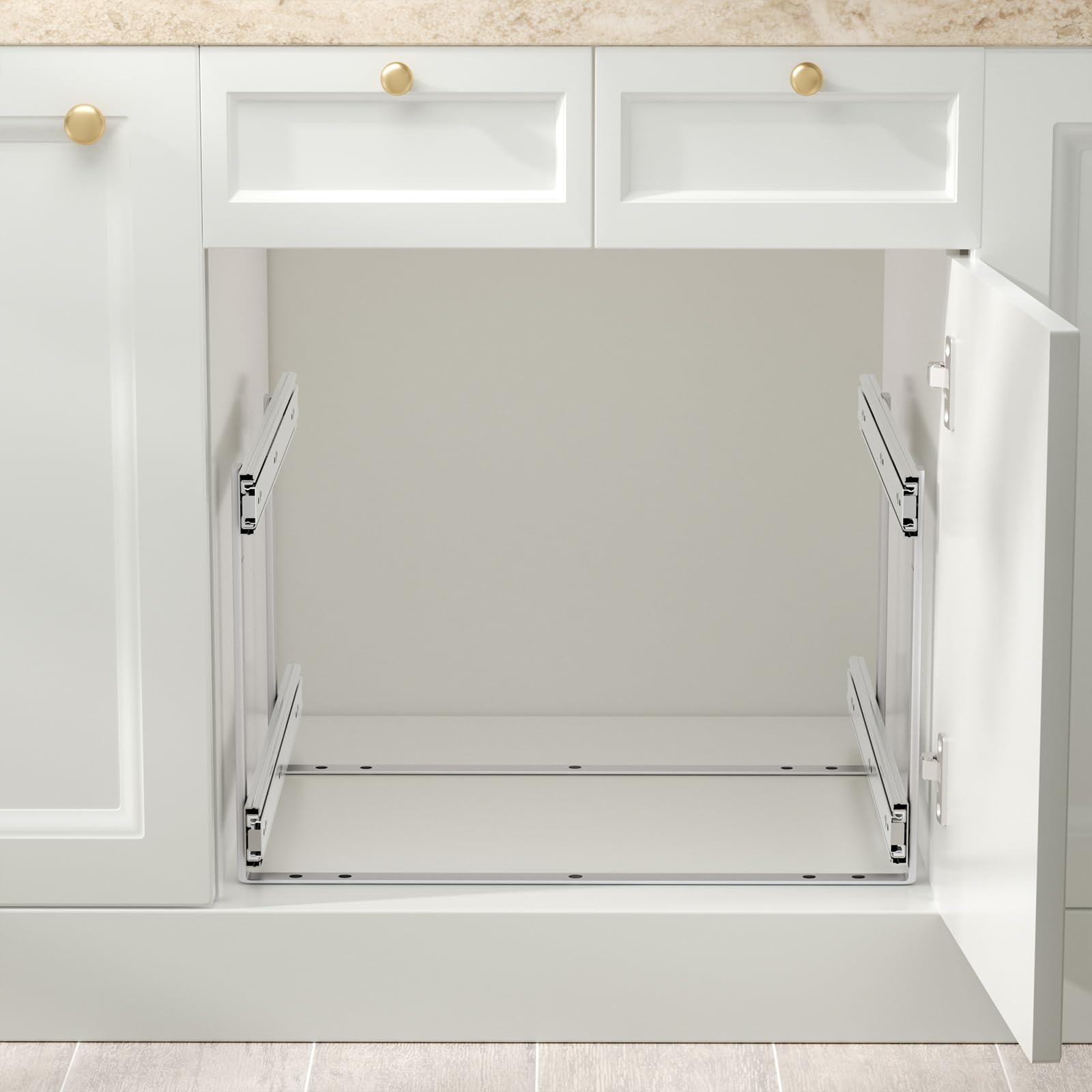 ROOMTEC 2-Tier Pull Out Cabinet Organizer - Double Layer Slide Out Wooden Kitchen Cabinet Organizer with U-Bracket - Under Sink & Pantry Storage Solution (16.5