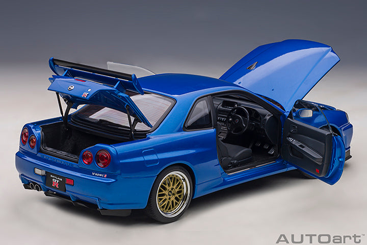 AUTOart 1:18 Scale Nissan Skyline GT-R R34 V-Spec II Diecast Model Car - Bayside Blue with BBS LM Wheels - Perfect for Collectors, Display & Racing Enthusiasts