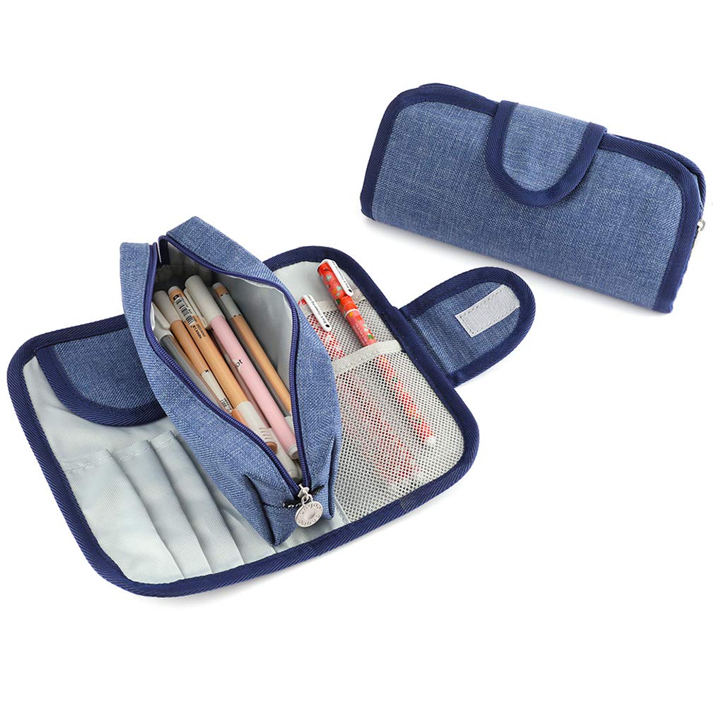 iSuperb Large Capacity Canvas Pencil Case - Removable Zipper Pouch for Stationery, Makeup & Cosmetics Organizer - Women's Denim Blue Storage Bag for School, Office & Travel Essentials