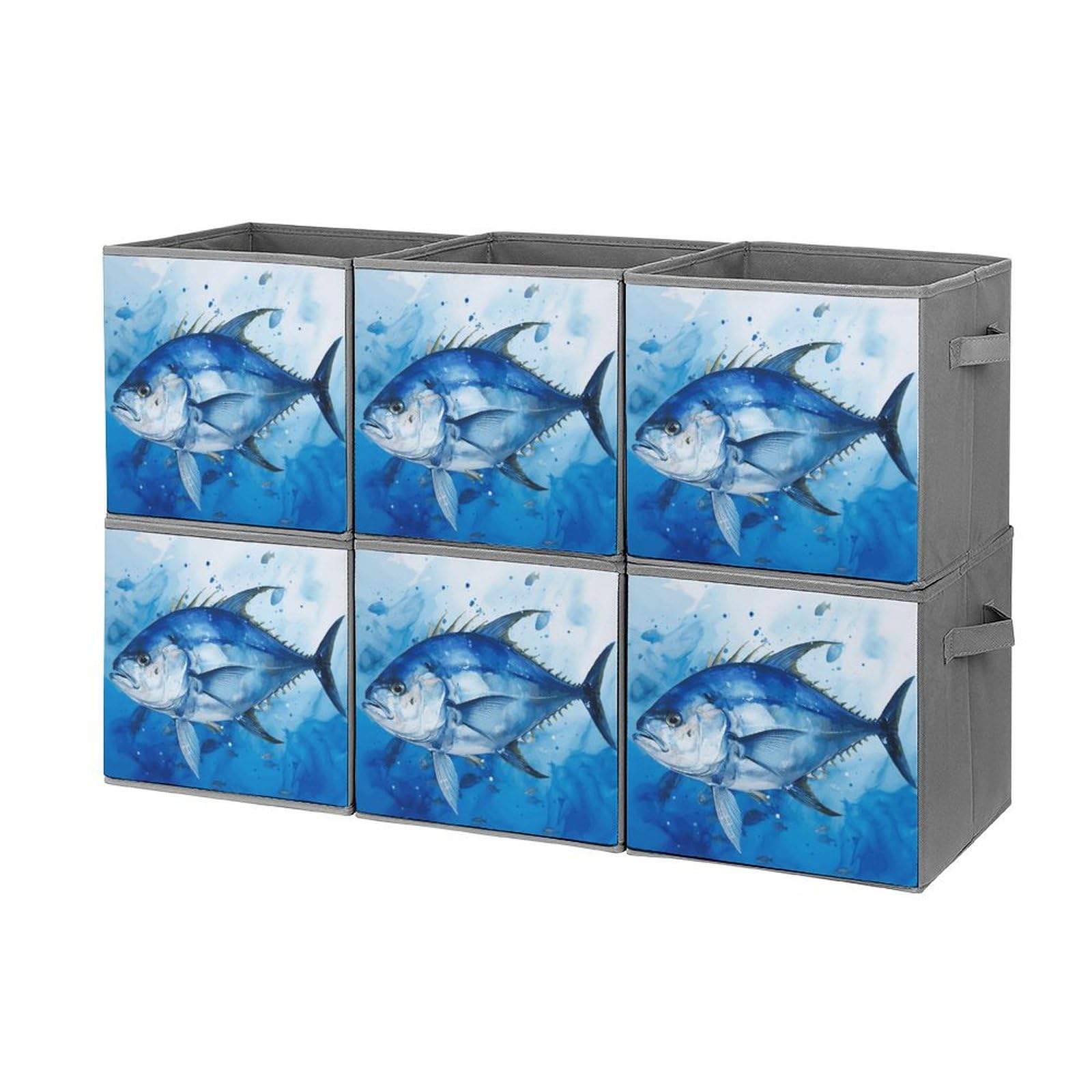 6-Piece Collapsible Storage Bins with Handles - Blue Fish Pattern Foldable Organizing Baskets for Shelves, Closet, Kitchen & Bathroom | Space-Saving Home Organization Solution for Toys, Laundry & Household Items