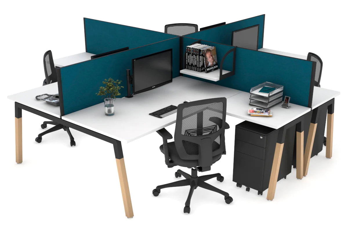 Quadro Wood A Legs Cross Beam 4-Person Corner Workstation Desk - 1600L x 1800W with Cable Management Scallop - Perfect for Office, Home Workspace & Collaborative Environments