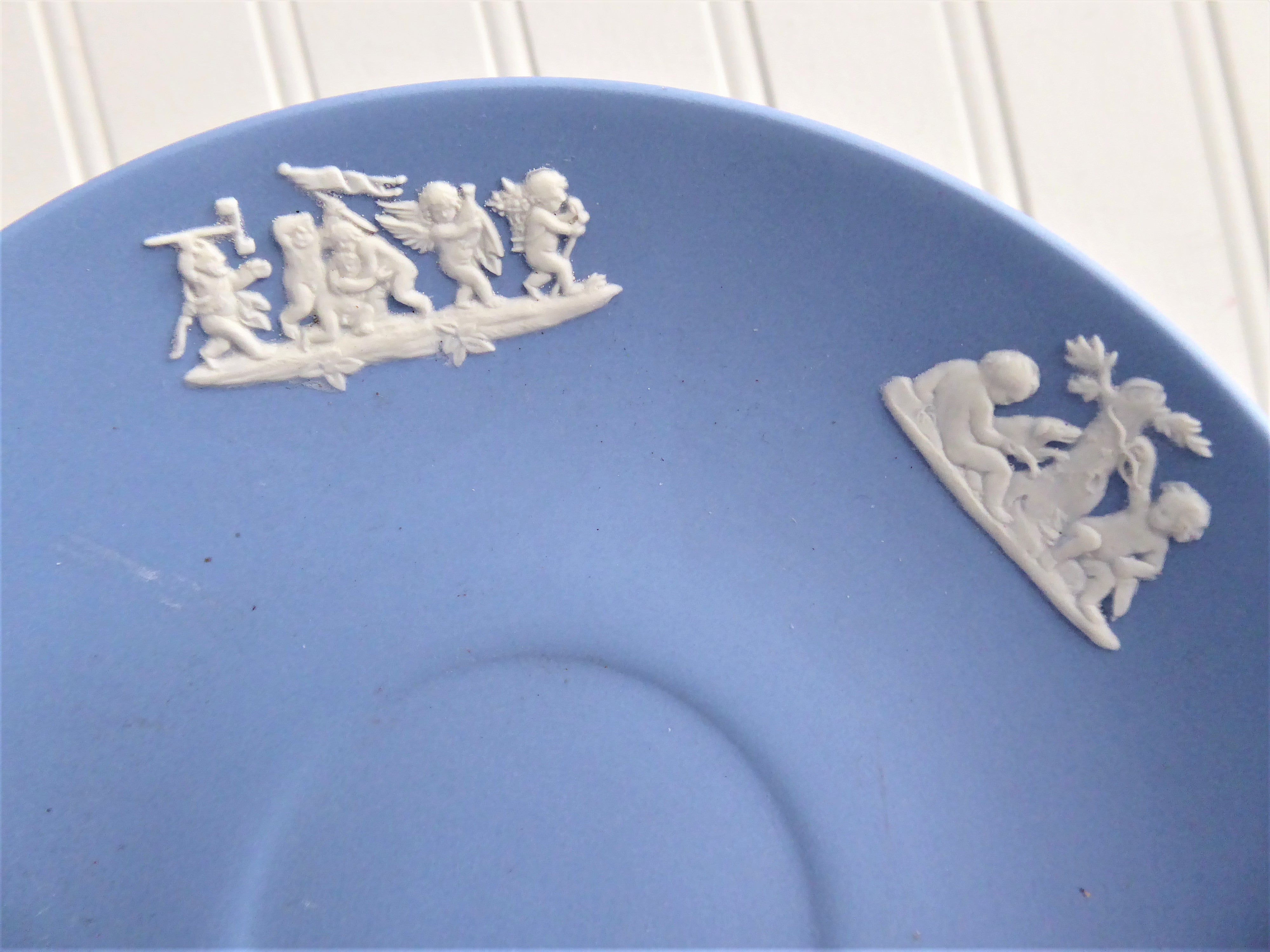 Vintage Wedgwood Blue Jasperware Cup and Saucer Set with Cherub Figures - England 1960 Collectible Fine China for Afternoon Tea & Antique Display