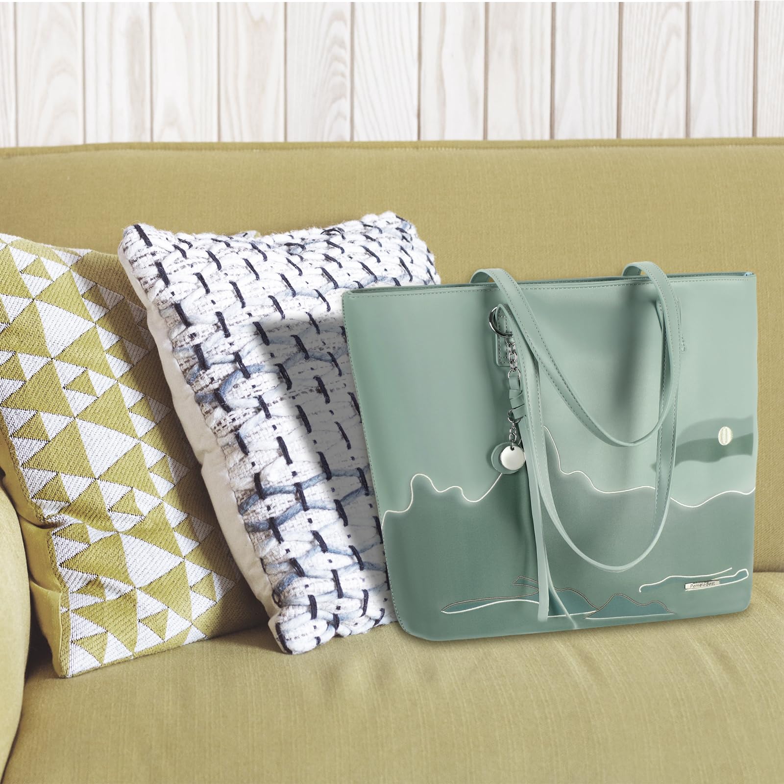 Premium PU Leather Tote Bags for Women - Large Zippered Handbags with Shoulder Strap, Light Green Chinese Landscape Print, Stylish Work & Everyday Purse | Perfect for Office, Commuting, Shopping & Travel