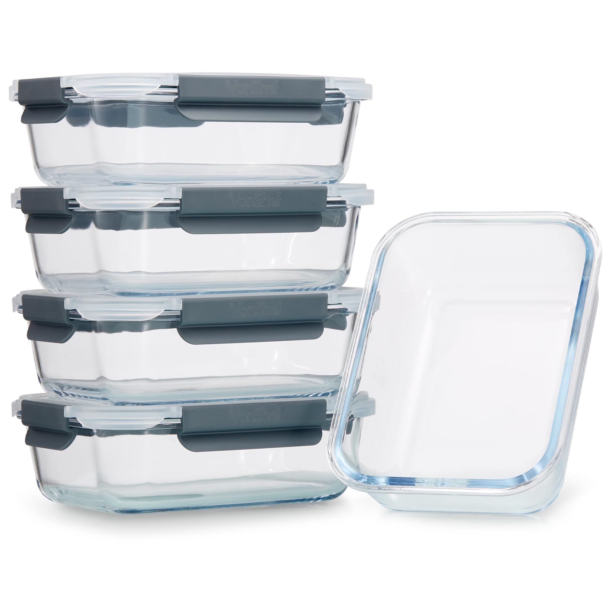VonShef 5-Piece Glass Meal Prep Containers with Lids - 1L Airtight Food Storage Containers, Oven & Dishwasher Safe, Leakproof for Lunch Boxes & Batch Cooking - Perfect for Meal Prepping, Leftovers & Office Lunches