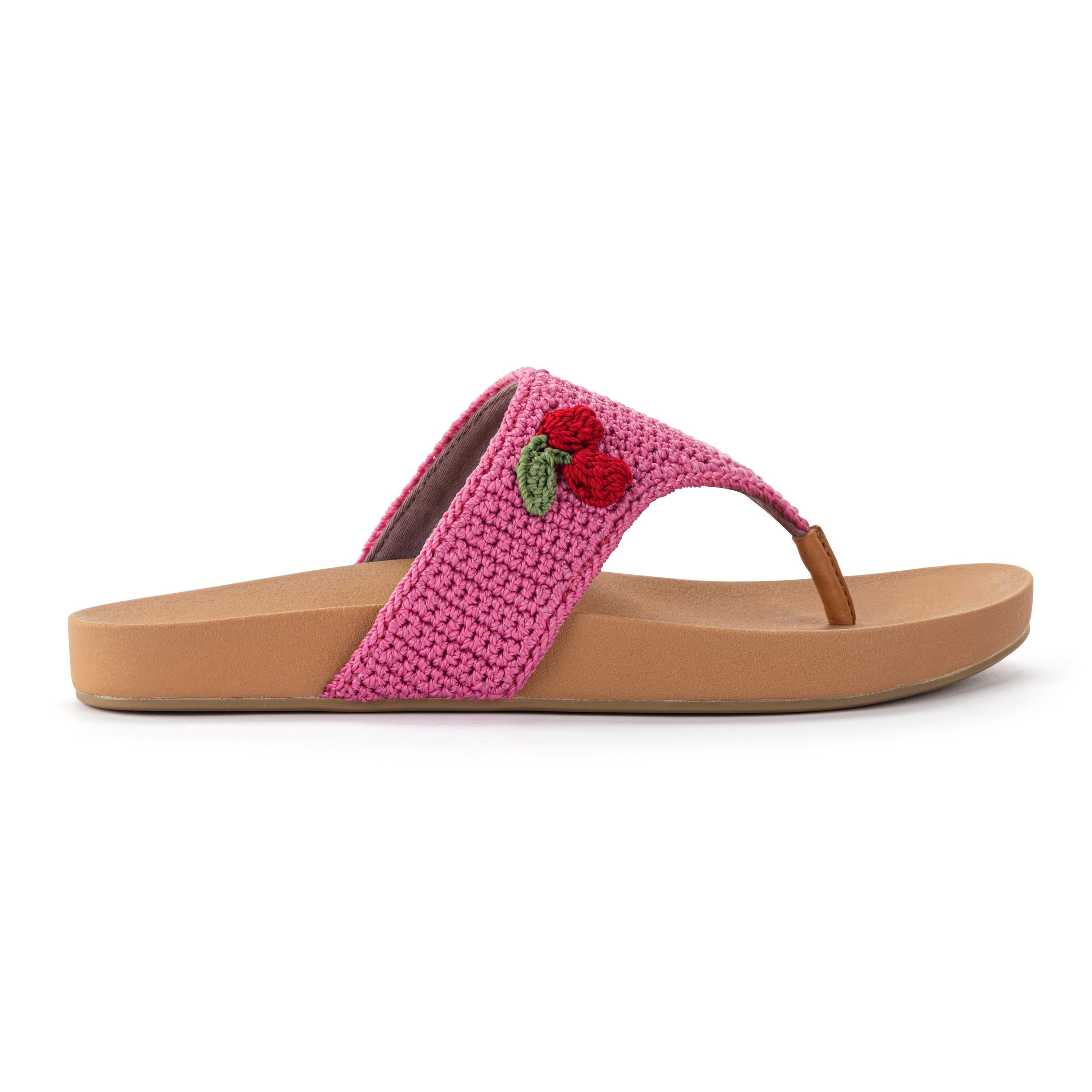 Everly Hand Crochet Sandals - Pink Cherry Design Women's Summer Beach Shoes for Casual Outings & Vacation Wear