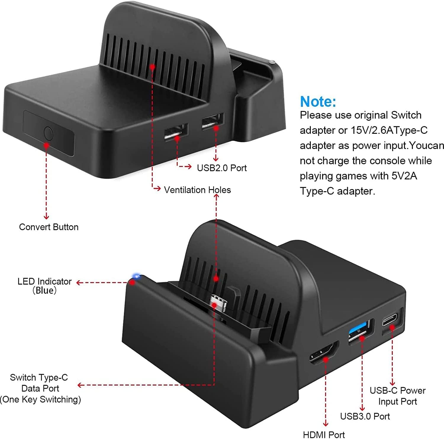 4K HDMI Switch Dock for Nintendo Switch - Portable TV Docking Station with USB 3.0 & USB-C Charging Ports | Official Dock Replacement | Perfect for Gaming at Home or Travel