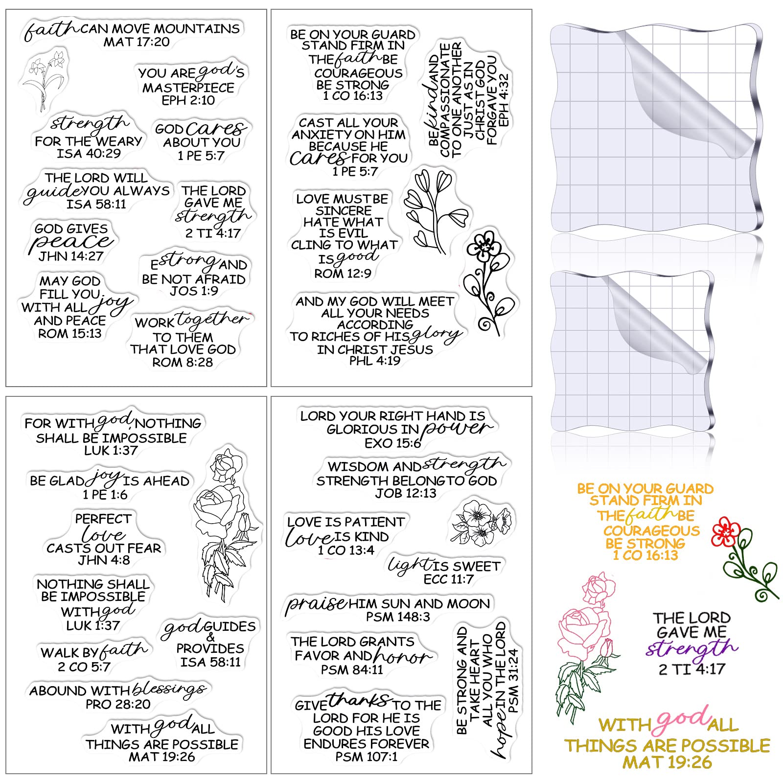 4 Pack Clear Acrylic Stamps for Bible Verses - Christian Scrapbooking Rubber Stamps with 2 Grid-Lined Blocks - DIY Crafting Supplies for Card Making, Journaling & Scripture Art (Elegant Style)
