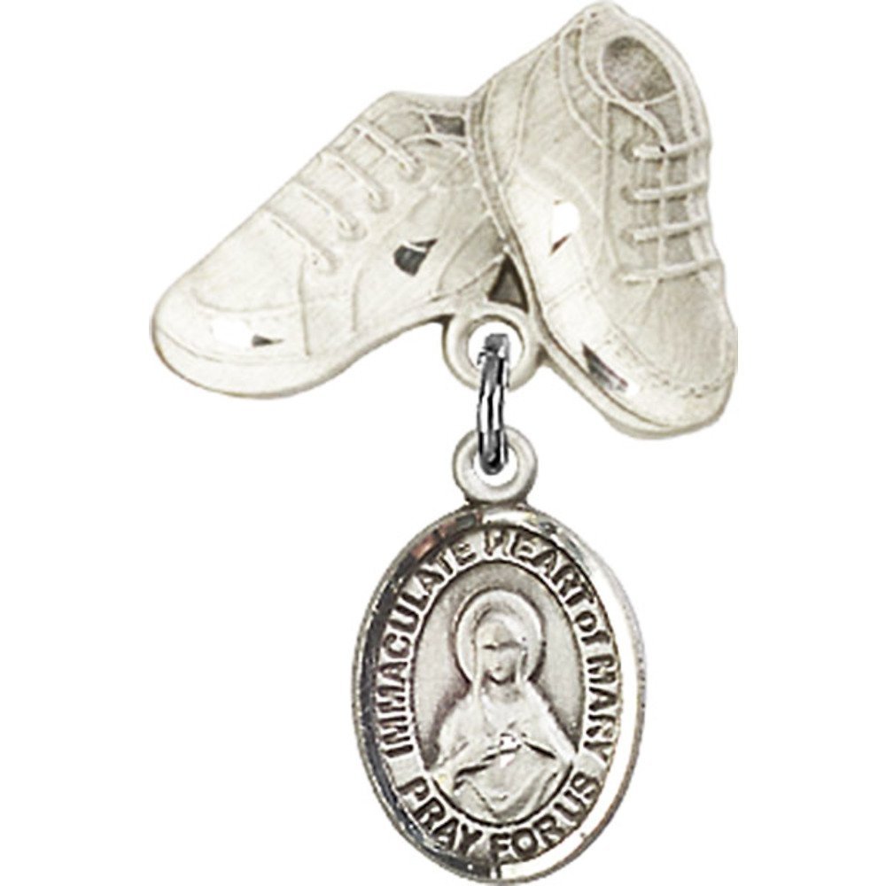 1 X 5/8 Inch Sterling Silver Baby Badge with Immaculate Heart of Mary Charm & Baby Boots Pin - Perfect for Christening Gifts, Baby Showers & First Communion Jewelry