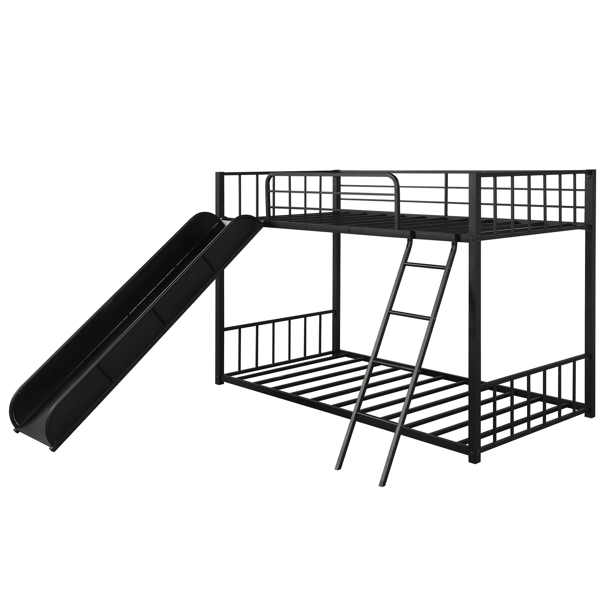 KLMM Heavy Duty Metal Bunk Bed with Slide & Safety Guard Rails - Twin Size Black Bed Frame for Kids & Teens - Perfect for Shared Kids' Rooms, Sleepovers & Space-Saving Bedroom Solutions