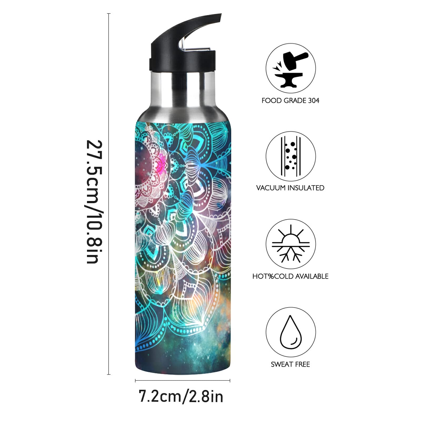 AUUXVA Mandala Galaxy Nebula Stainless Steel Water Bottle with Straw Lid - 20oz Vacuum Insulated Thermo Flask for Hot & Cold Drinks - Perfect for Gym, School, Hiking & Outdoor Activities - Ethnic Floral Design