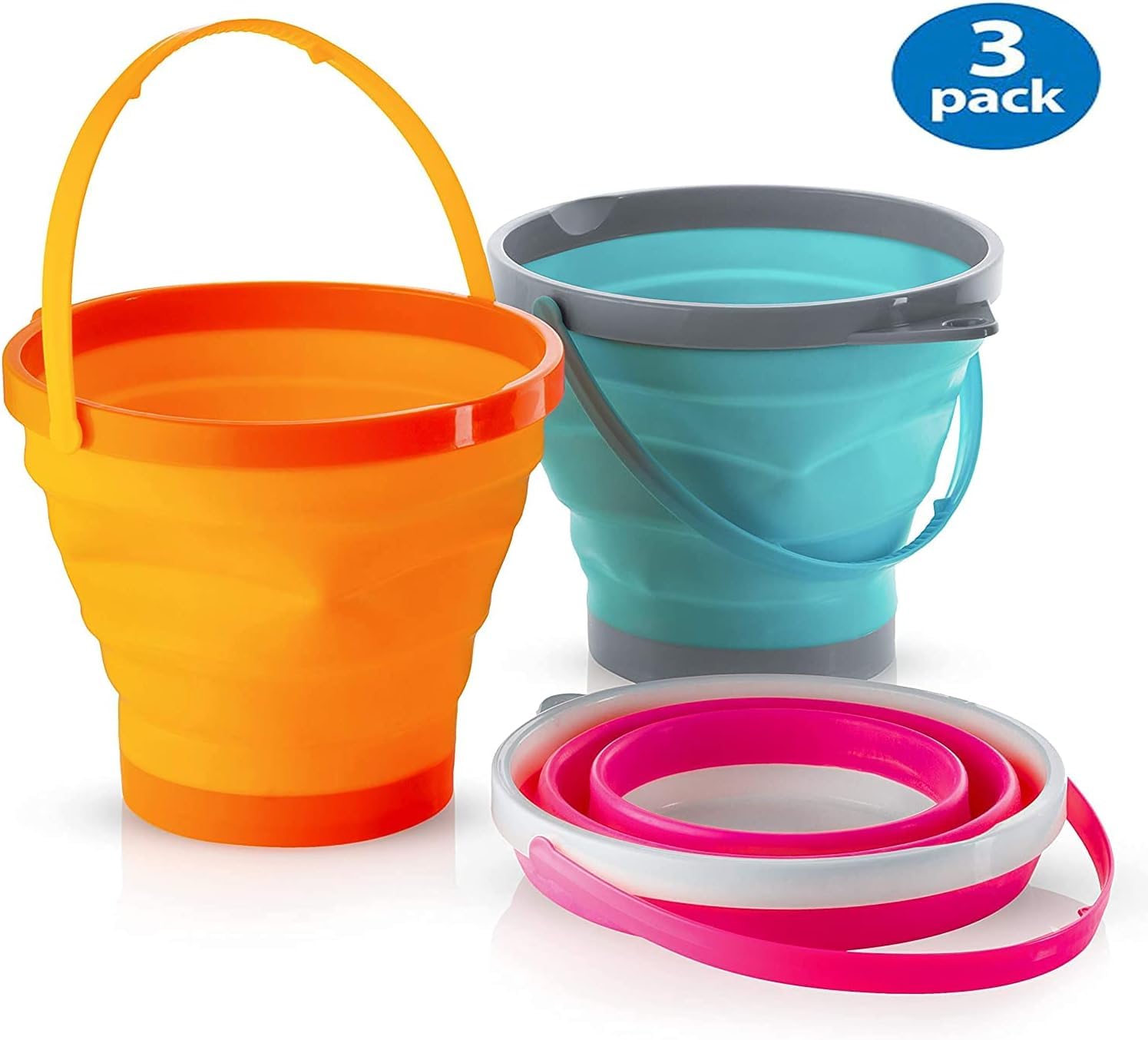 3-Pack Large Foldable Collapsible Buckets - 1.5 Gallon (5 Liter) Multi-Purpose Pail for Beach, Camping, Fishing | Water & Food Storage, Pet Bowls for Dogs & Cats | Portable for Outdoor Activities, Gardening, Car Washing & Emergency Use