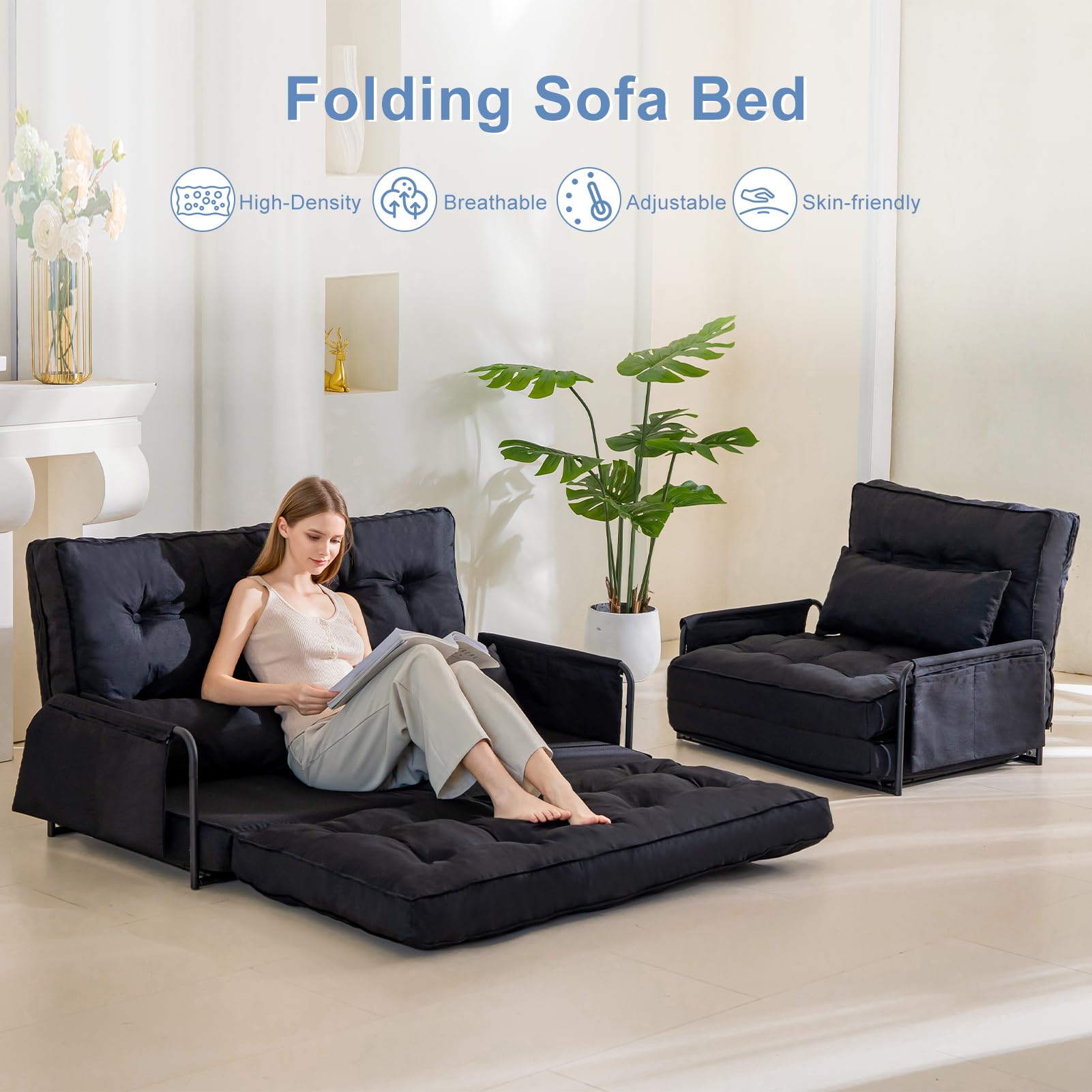 MAXYOYO Adjustable Floor Sofa Bed - Multi Functional Folding Couch with 2 Pillows (Black) | Perfect for Small Spaces, Guest Room & Living Room Lounging