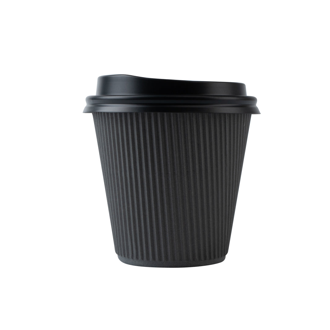 8 oz Gray Ripple Wall Paper Coffee Cups with Black Lids - 3.5