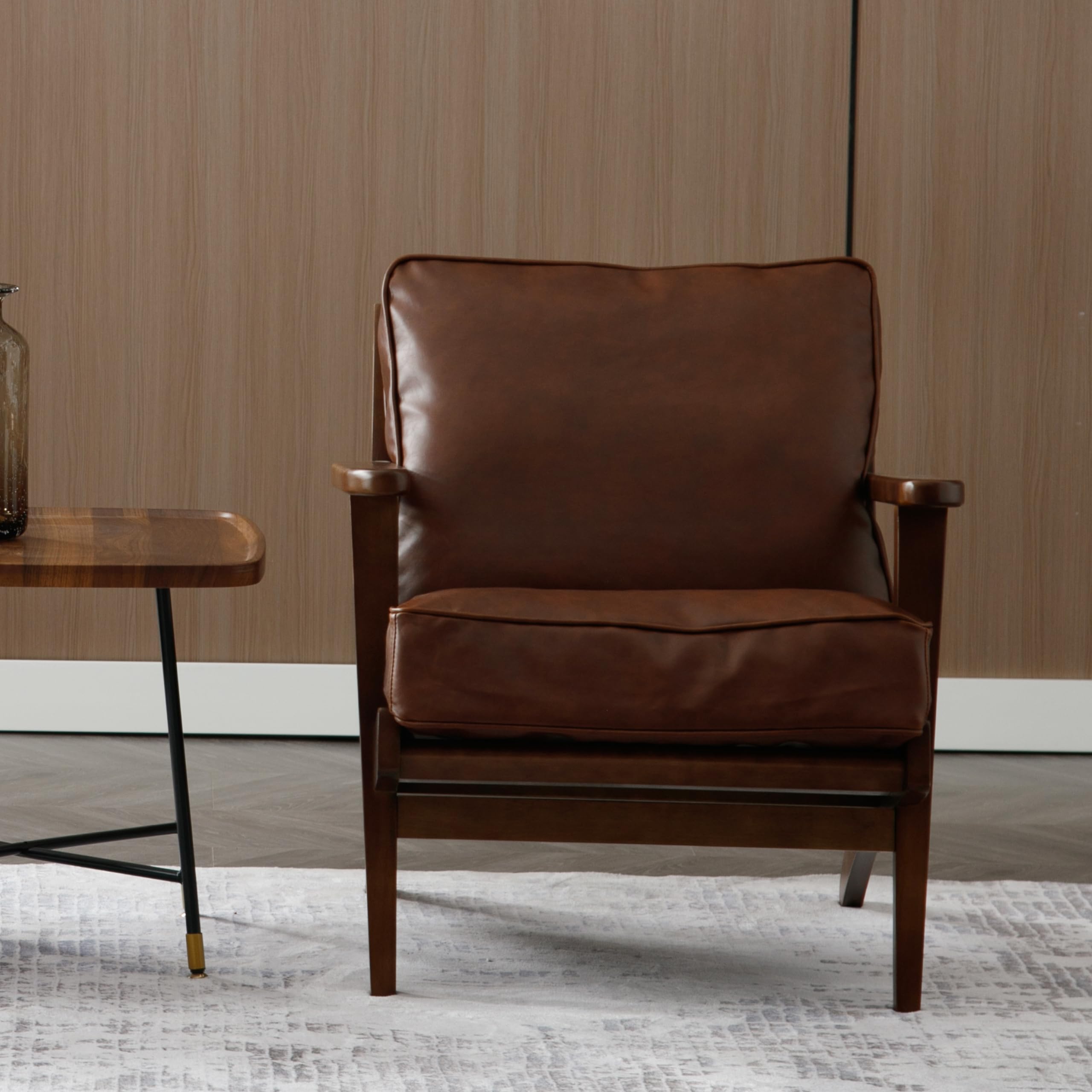 Mid-Century Modern Accent Chairs Set of 2 - Genuine Leather Upholstered Living Room Chairs with Solid Wood Frame - Comfortable Armchairs for Bedroom, Reading Nook & Lounge - PU Brown Leather - Perfect for Relaxing, Entertaining & Home Decor