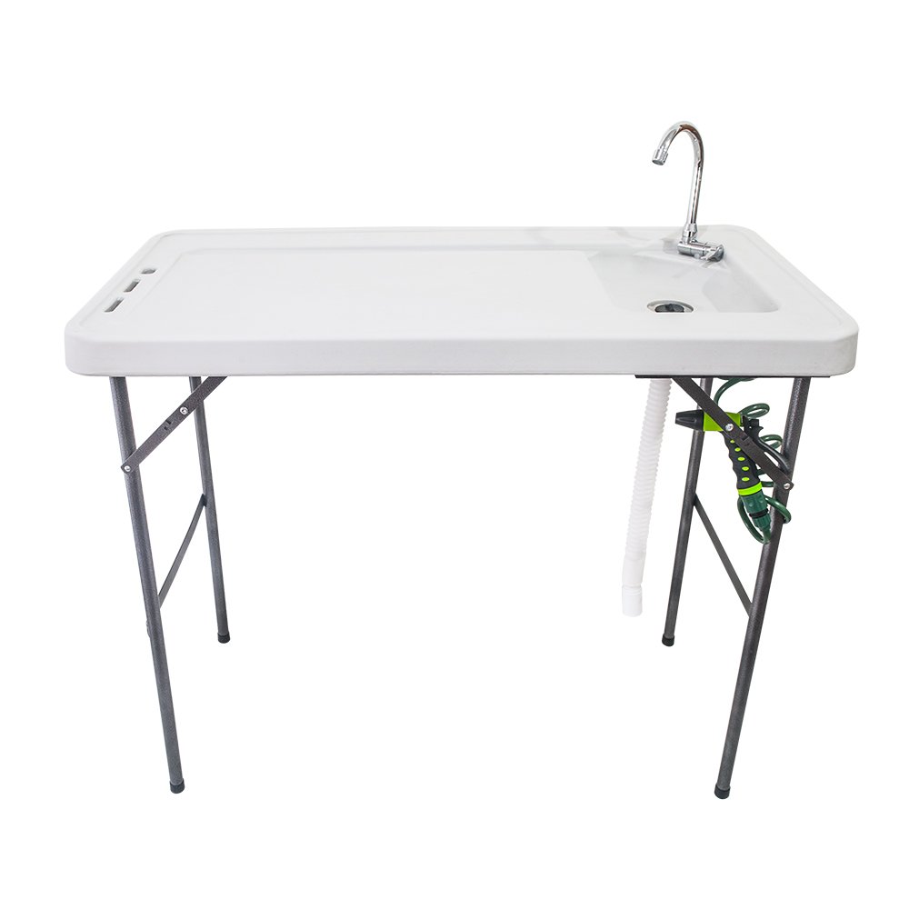 4FT Portable Folding Camping Table with Faucet - Outdoor Cleaning & Cutting Station for Fishing, Hunting, Picnics, RV & Beach - Includes Spray Nozzle & Drain Hose - Perfect for Outdoor Cooking, Gardening & Camping Activities