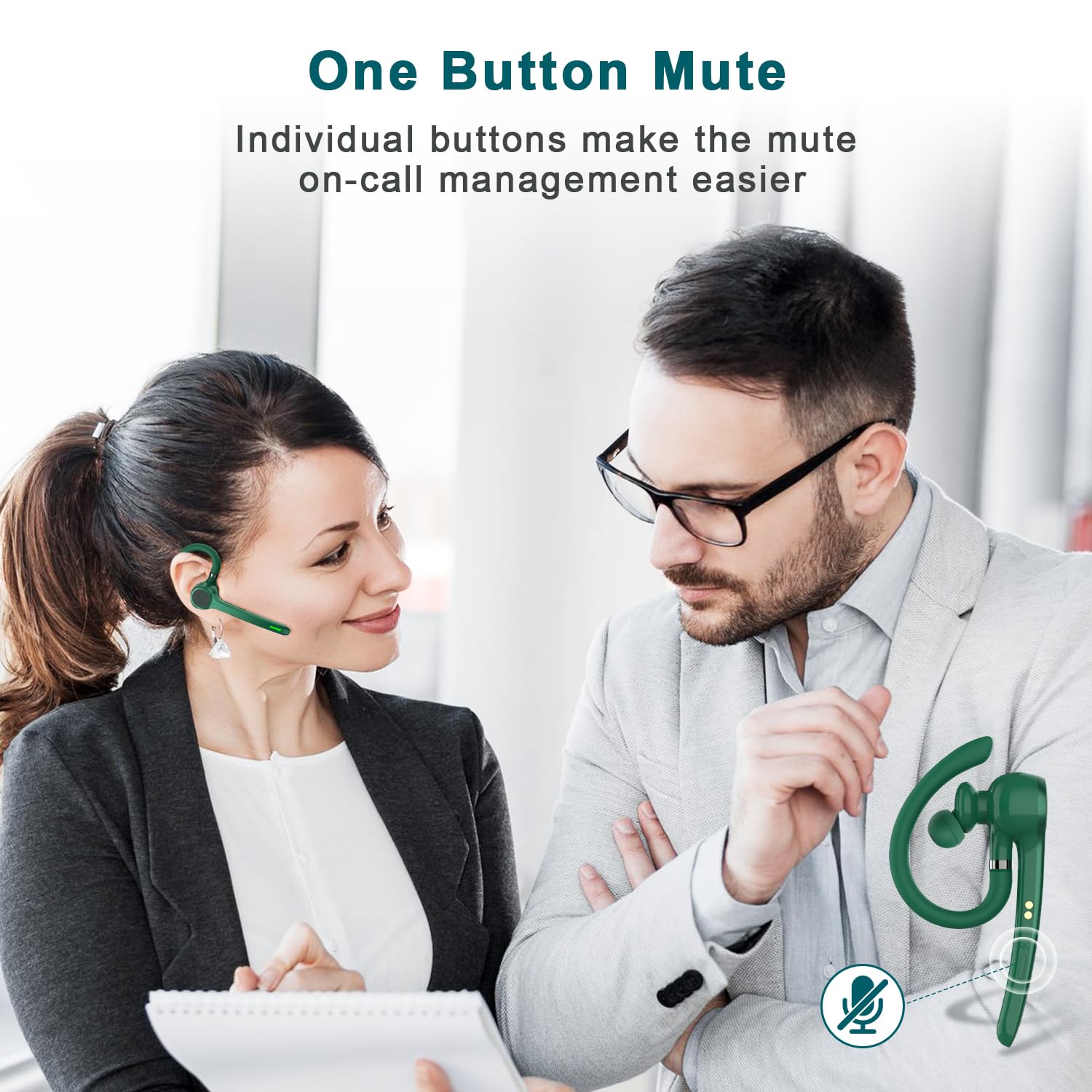 Wireless Bluetooth Headset with 500mAh Charging Case - 72H Talk Time, Built-in Mic for iPhone Android - Hands-Free Earpiece for Truck Drivers, Office Work, Commuting & Online Meetings (Green)